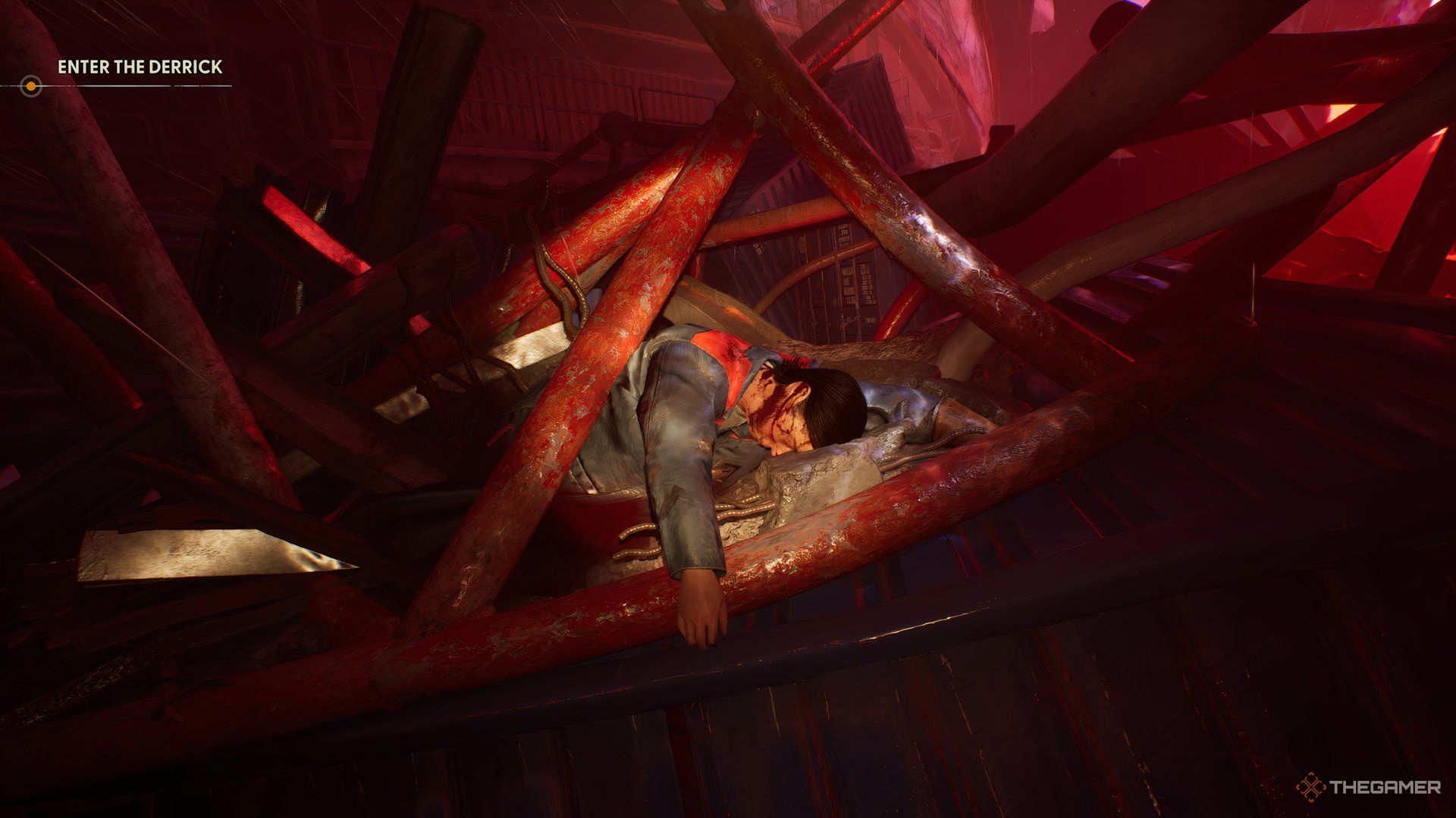 Crushed body of FInlay under rig parts in Still Wakes The Deep