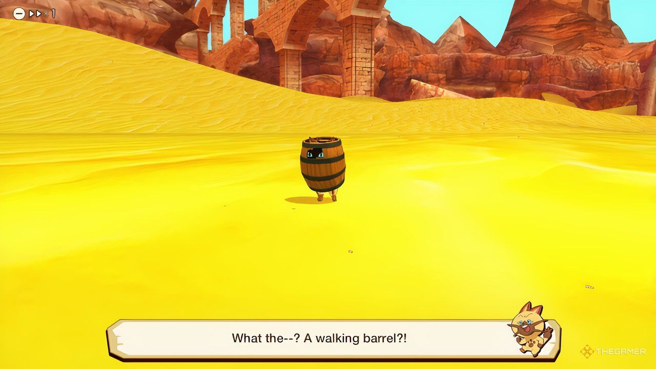 a barrel felyne in the trese desert in monster hunter stories