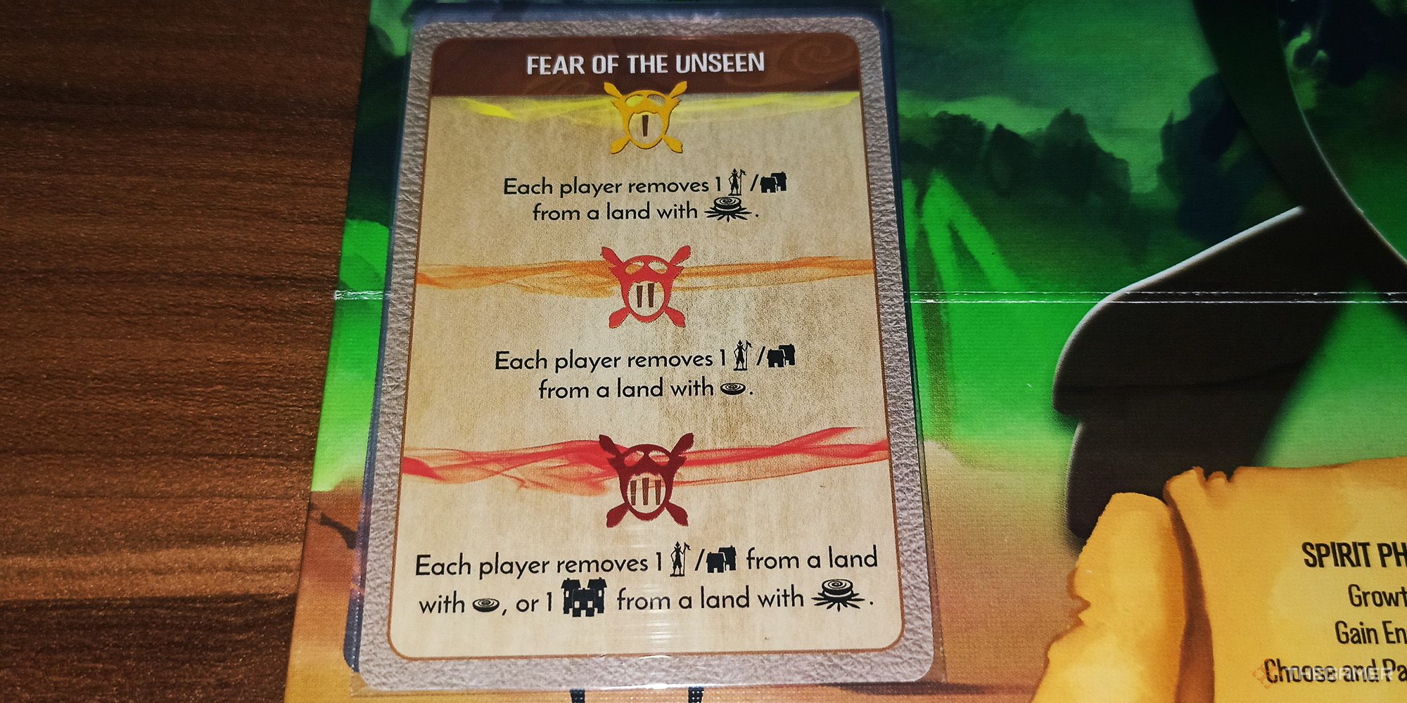 A face-up Fear Card is being shown in Spirit Island