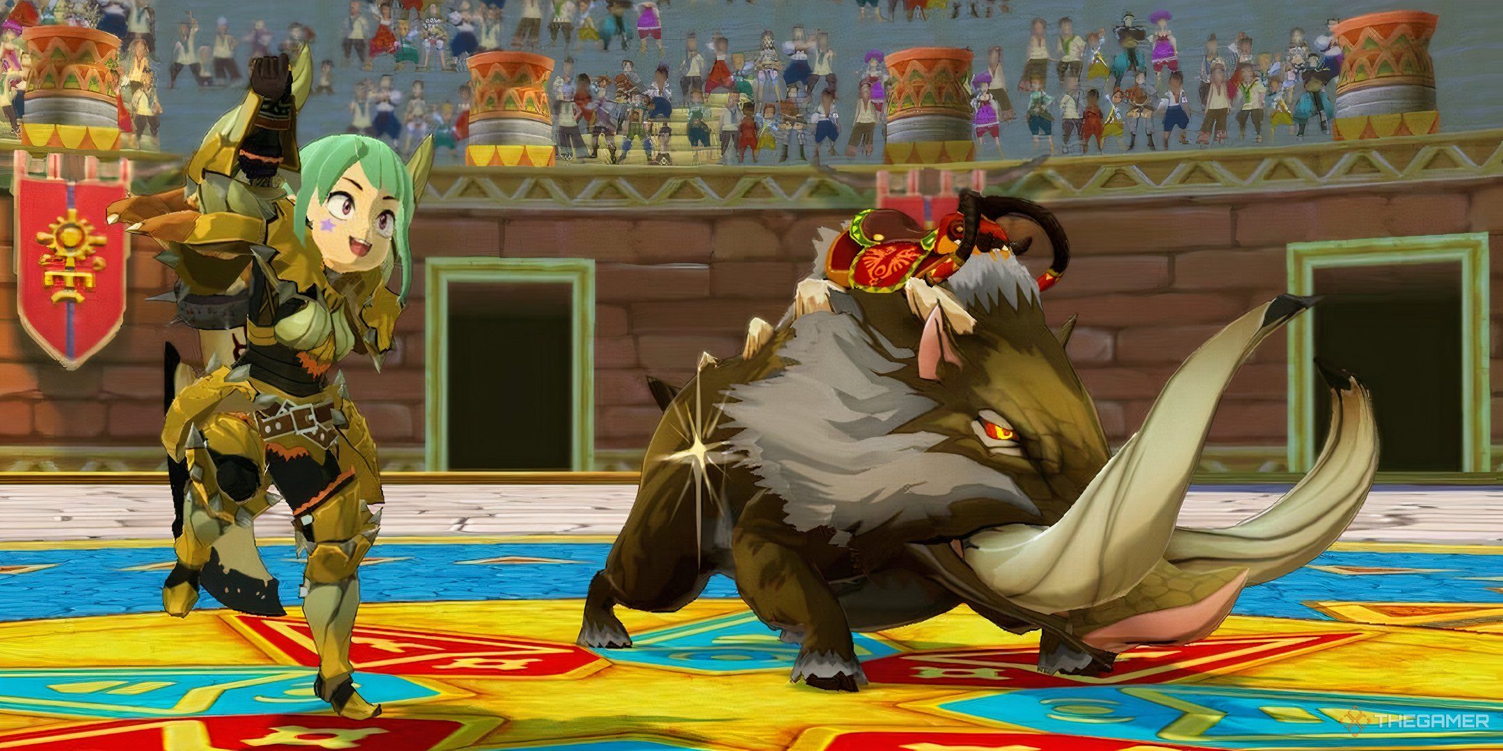 a rider and her bulldrome after winning a network battle in monster hunter stories