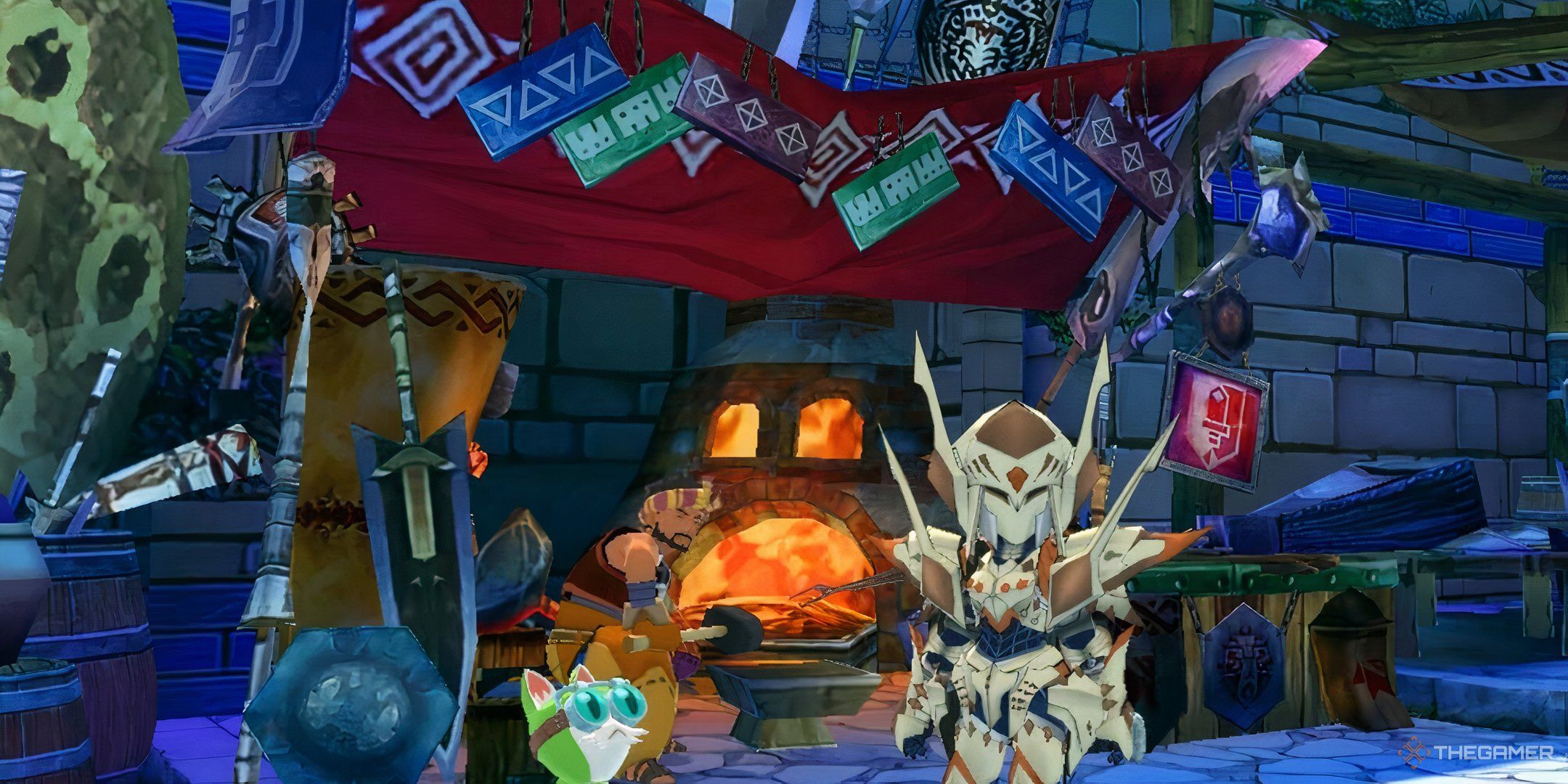 a rider in full armor standing in front of the gildegaran blacksmith in monster hunter stories
