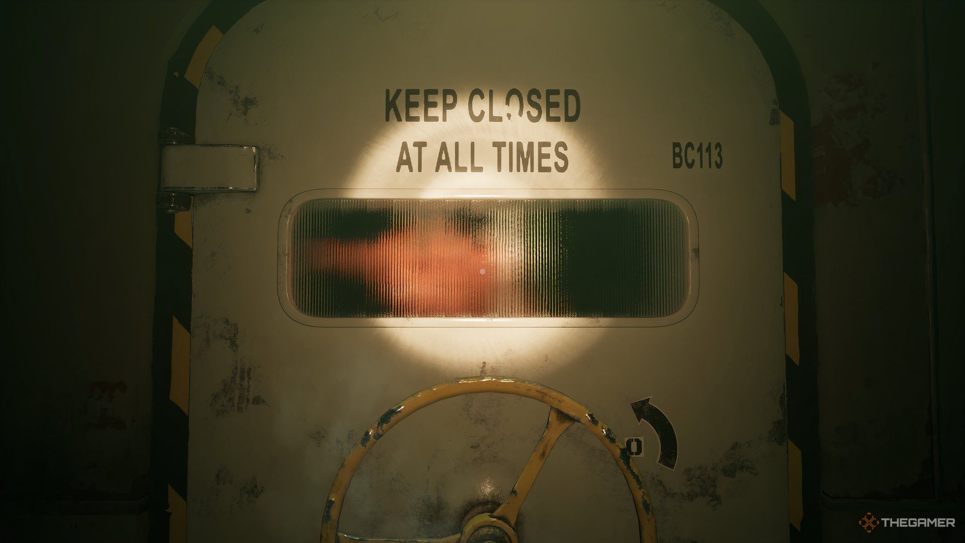 Bulkhead door with narrow window, through which you can see a fuzzy outline of a dead crew member in Still Wakes The Deep.