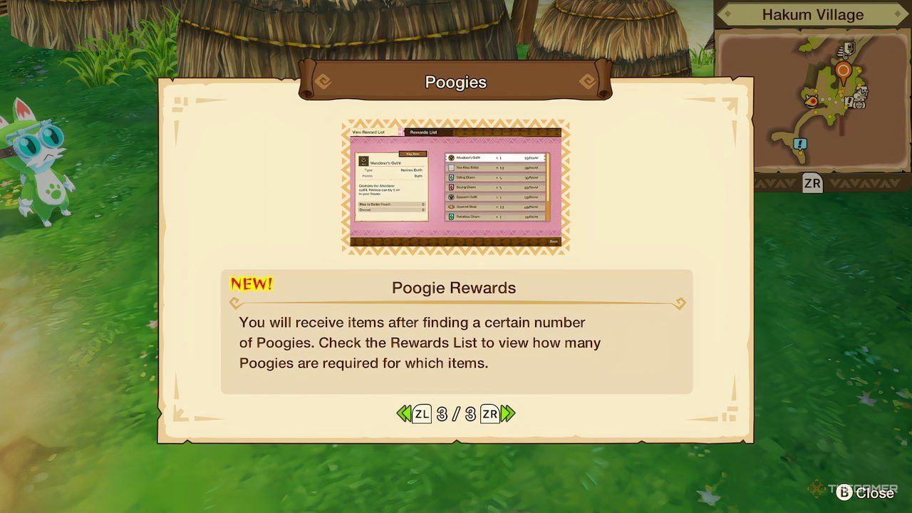 being told about earning rewards for finding all poogies from monster hunter stories