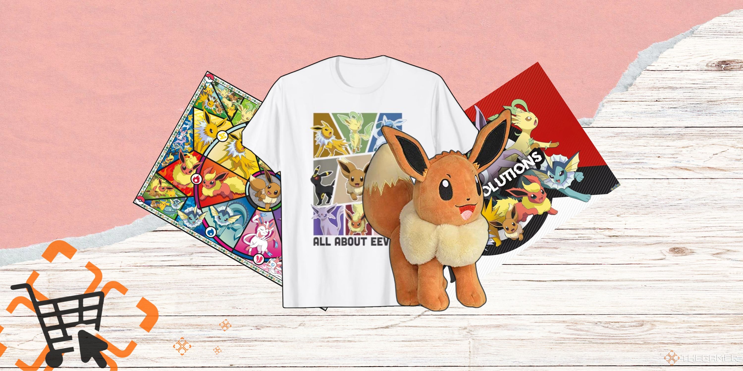 Collage image featuring Pokemon Evee Posters, t-shirt, and plush toy