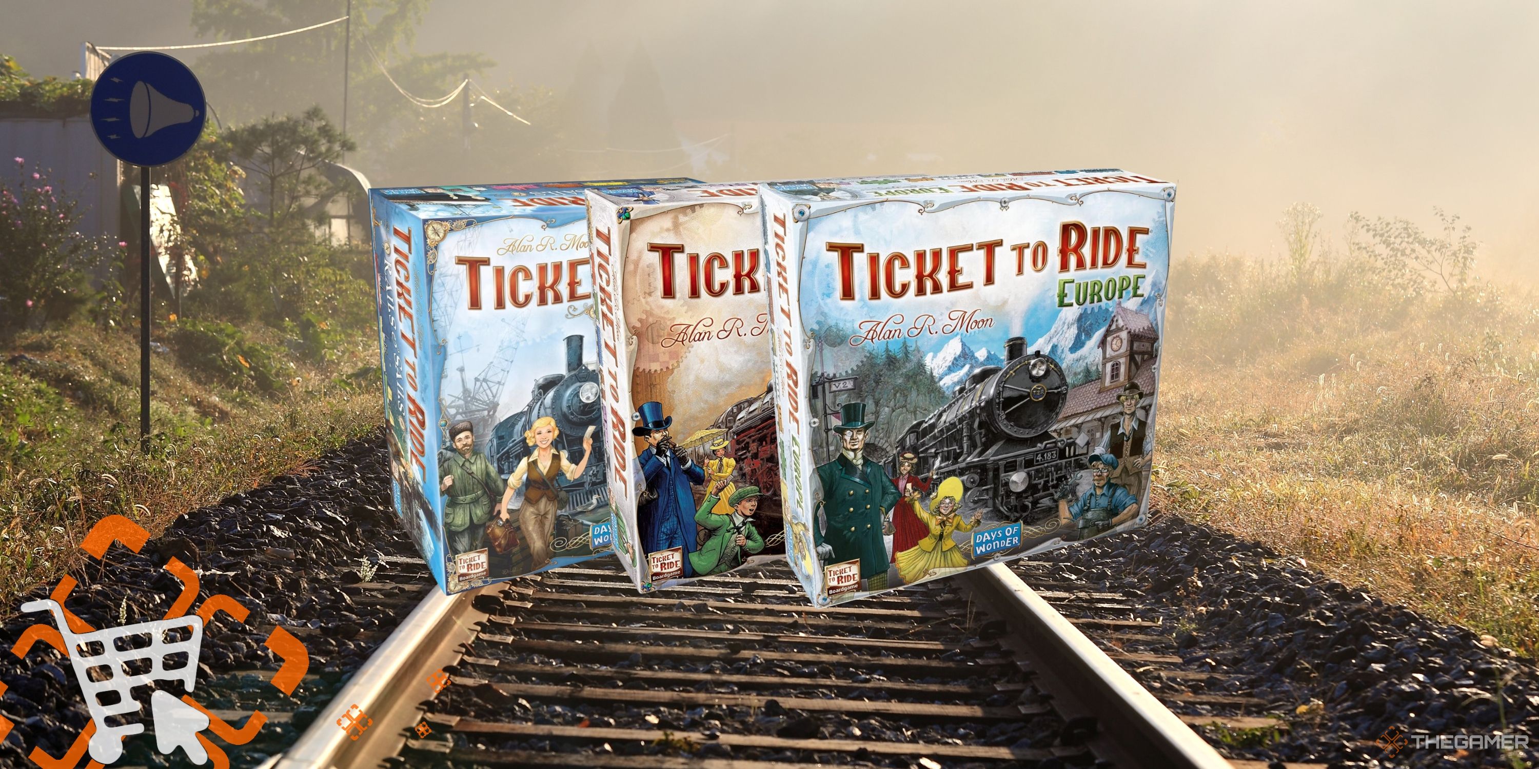 Collage image of three train themed games on top of a train track photo