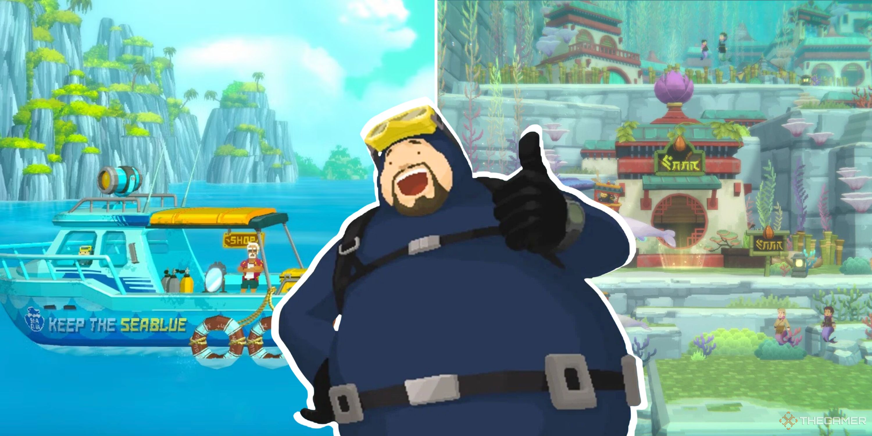 Split image of the boat and the sea people's domain with a cutout image of dave the diver giving a thumbs up