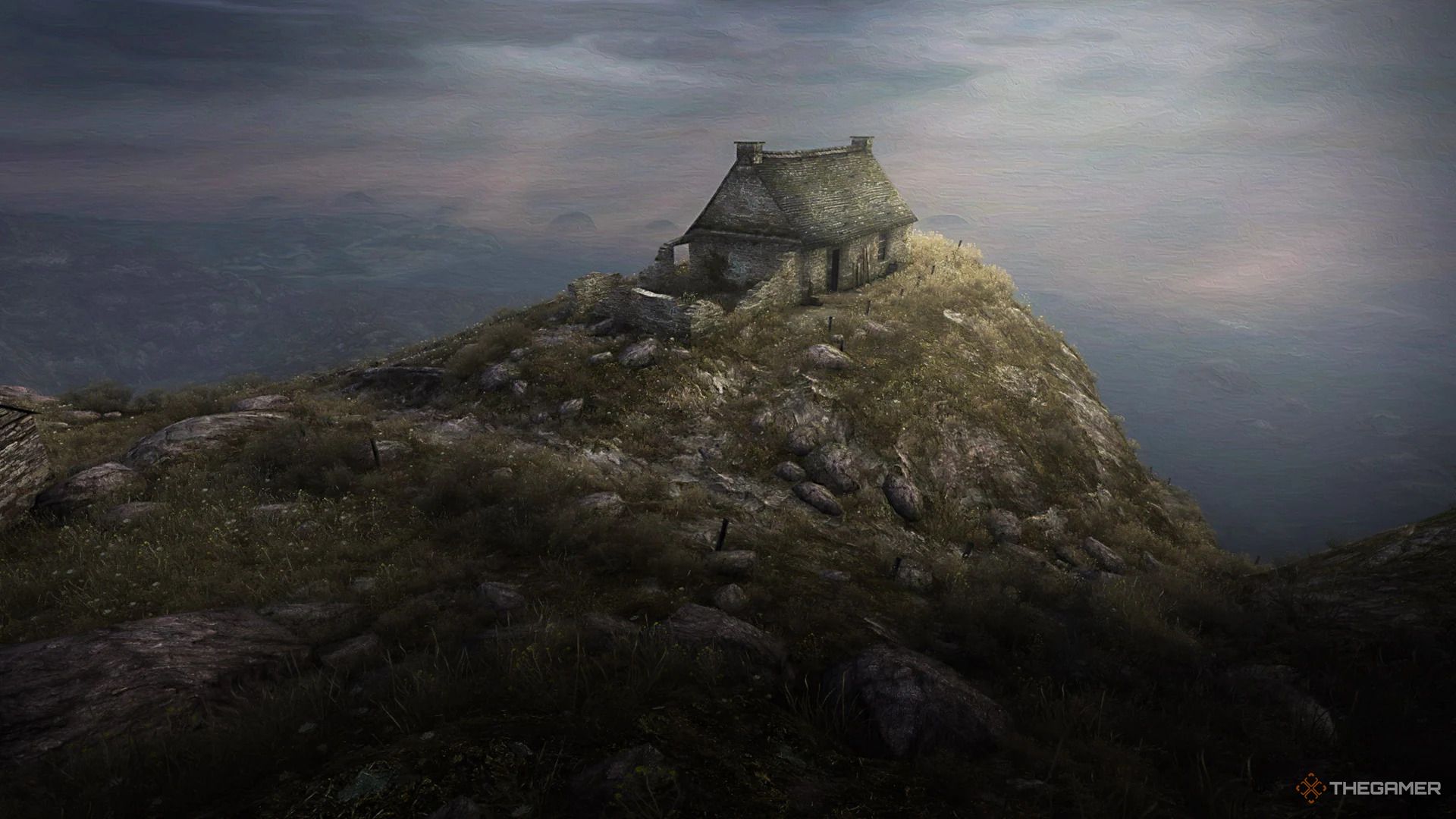 A cottage positioned over a cliff in Dear Esther.