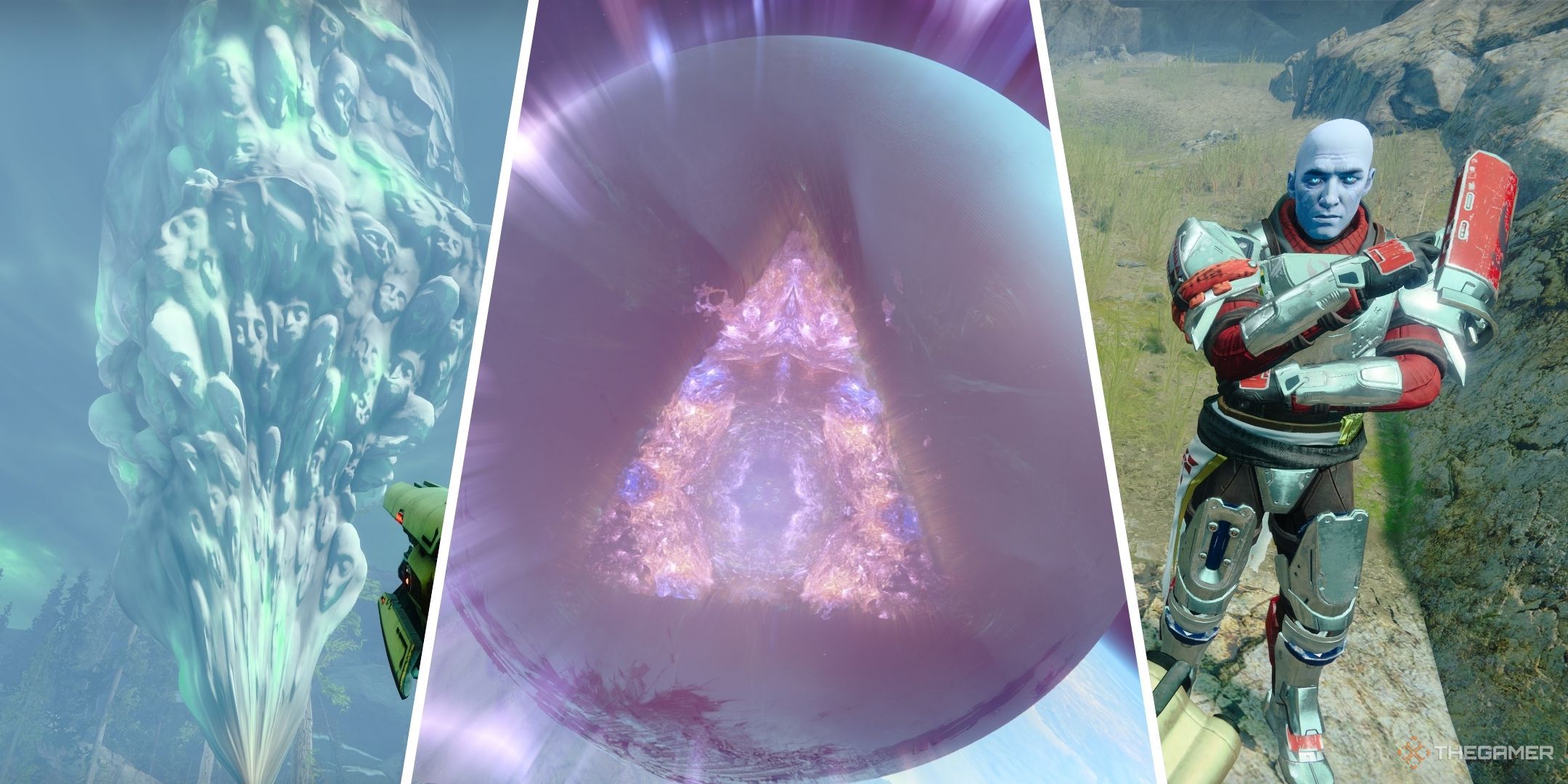A split image of the Witness' smoky heads, the Traveler, and Zavala in Destiny 2: The Final Shape.
