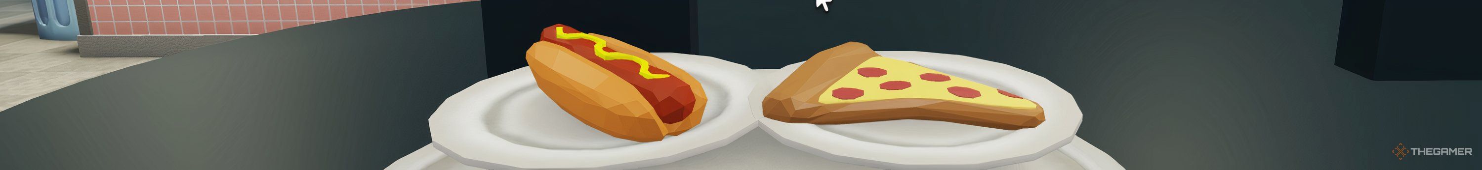 A hot dog and a slice of pizza served on two dinner plates in the Roblox game Diner Simulator.
