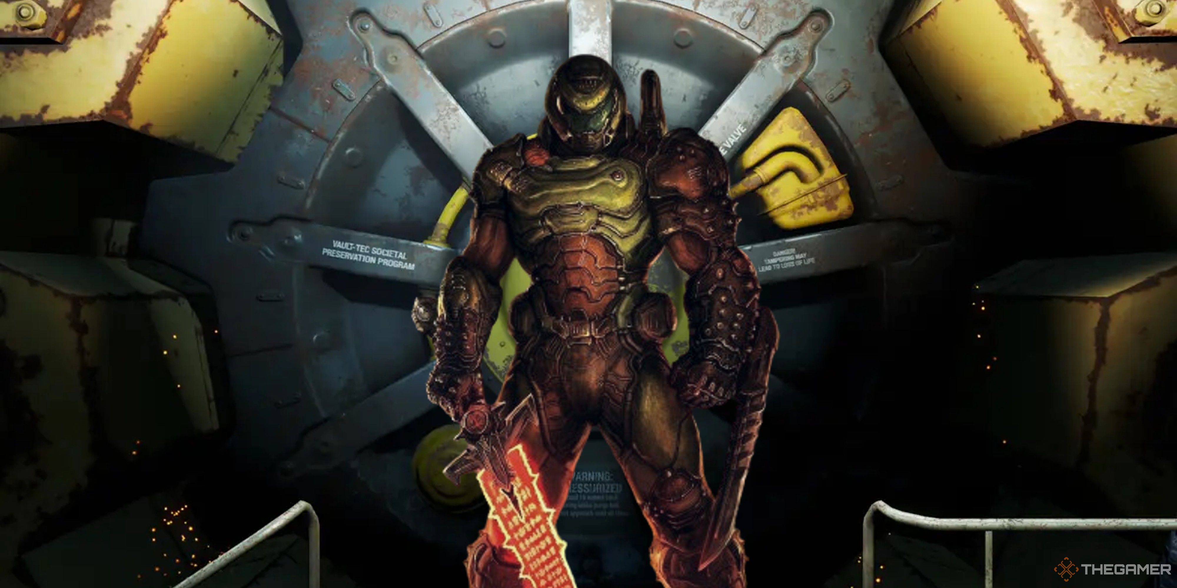 doomguy in front of a fallout vault