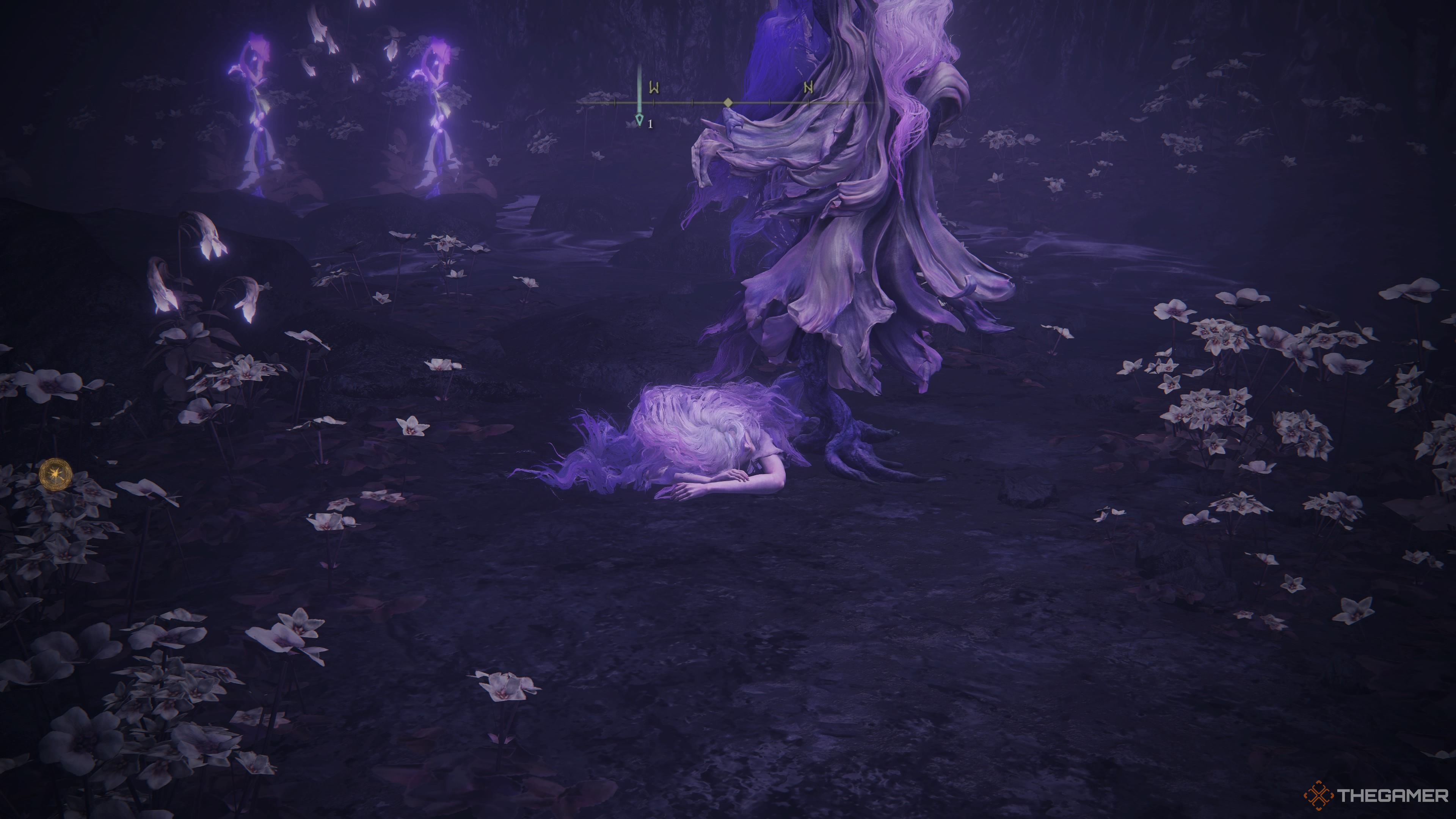 Elden Ring Shadow of the Erdtree St Trina lying dead on the floor surrounded by flower petals