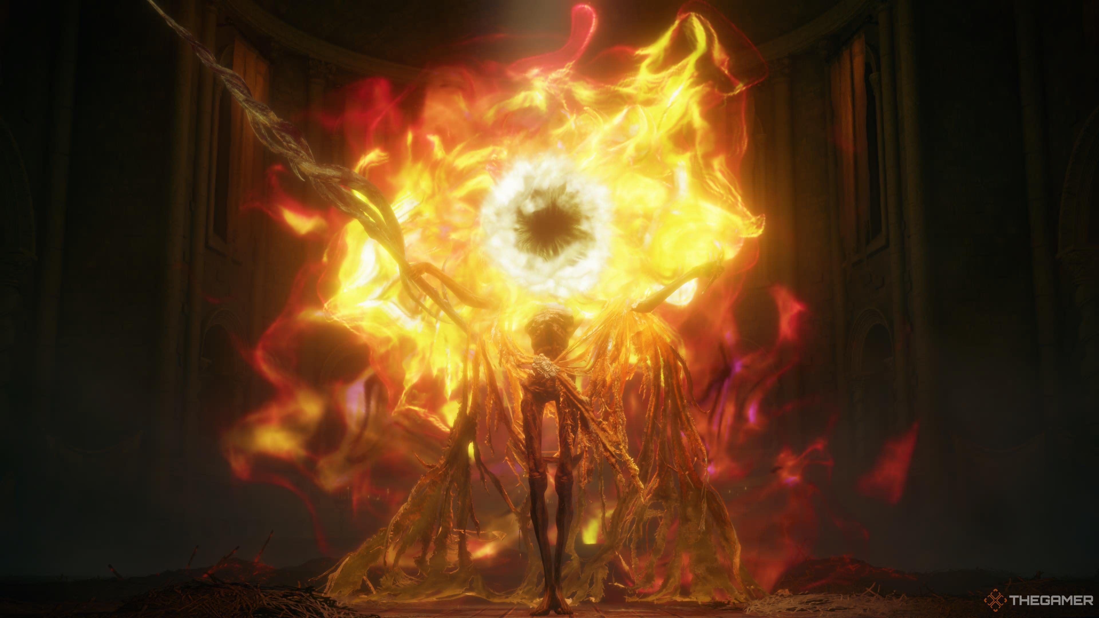 Elden Ring Shadow of the Erdtree Lord of Frenzied Flames head erupting into a ball of fire