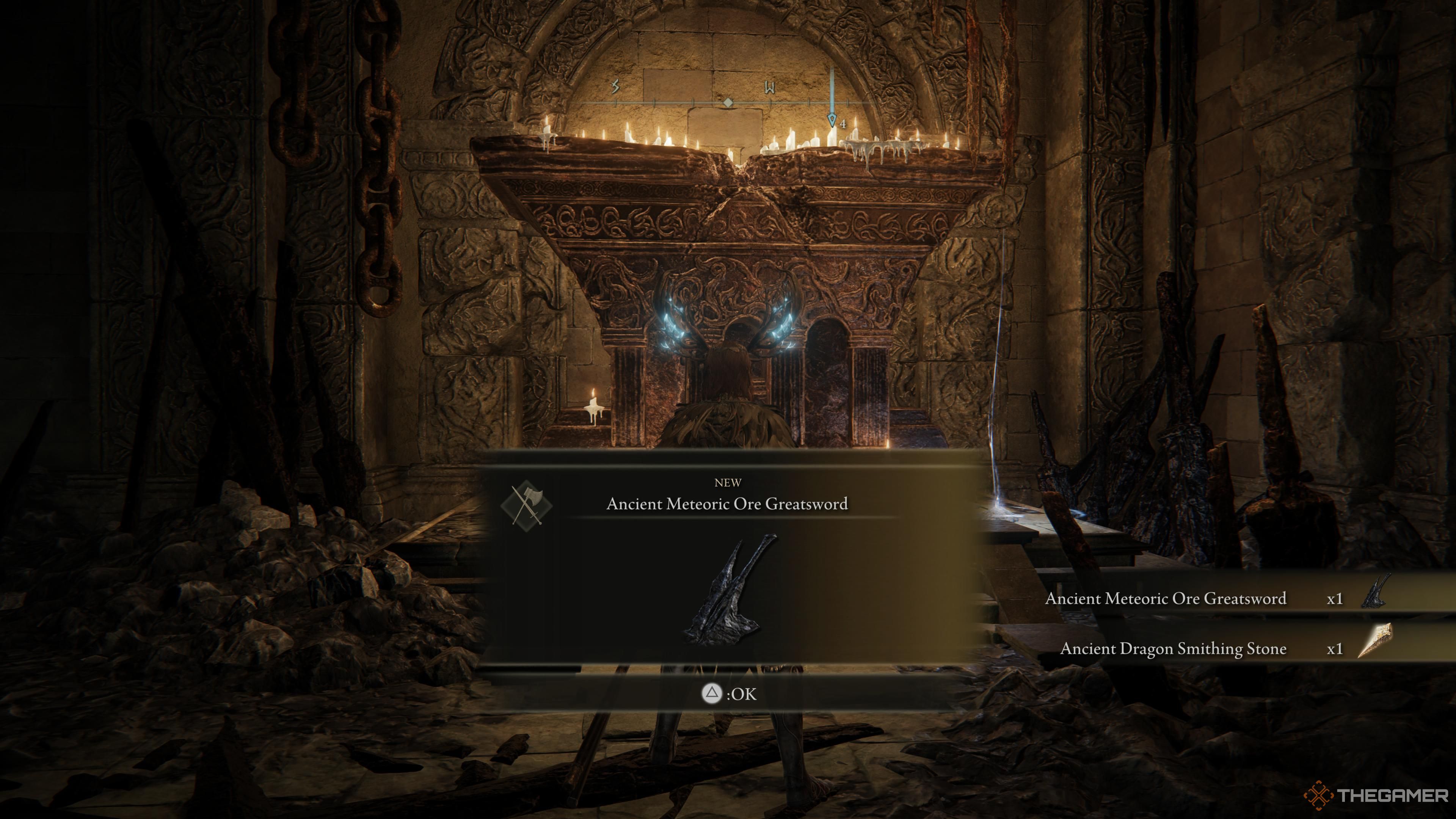 ELDEN RING™anvil at the end of the ruined forge of starfall past giving the ancient meteoric ore greatsword and ancient dragon smithing stone