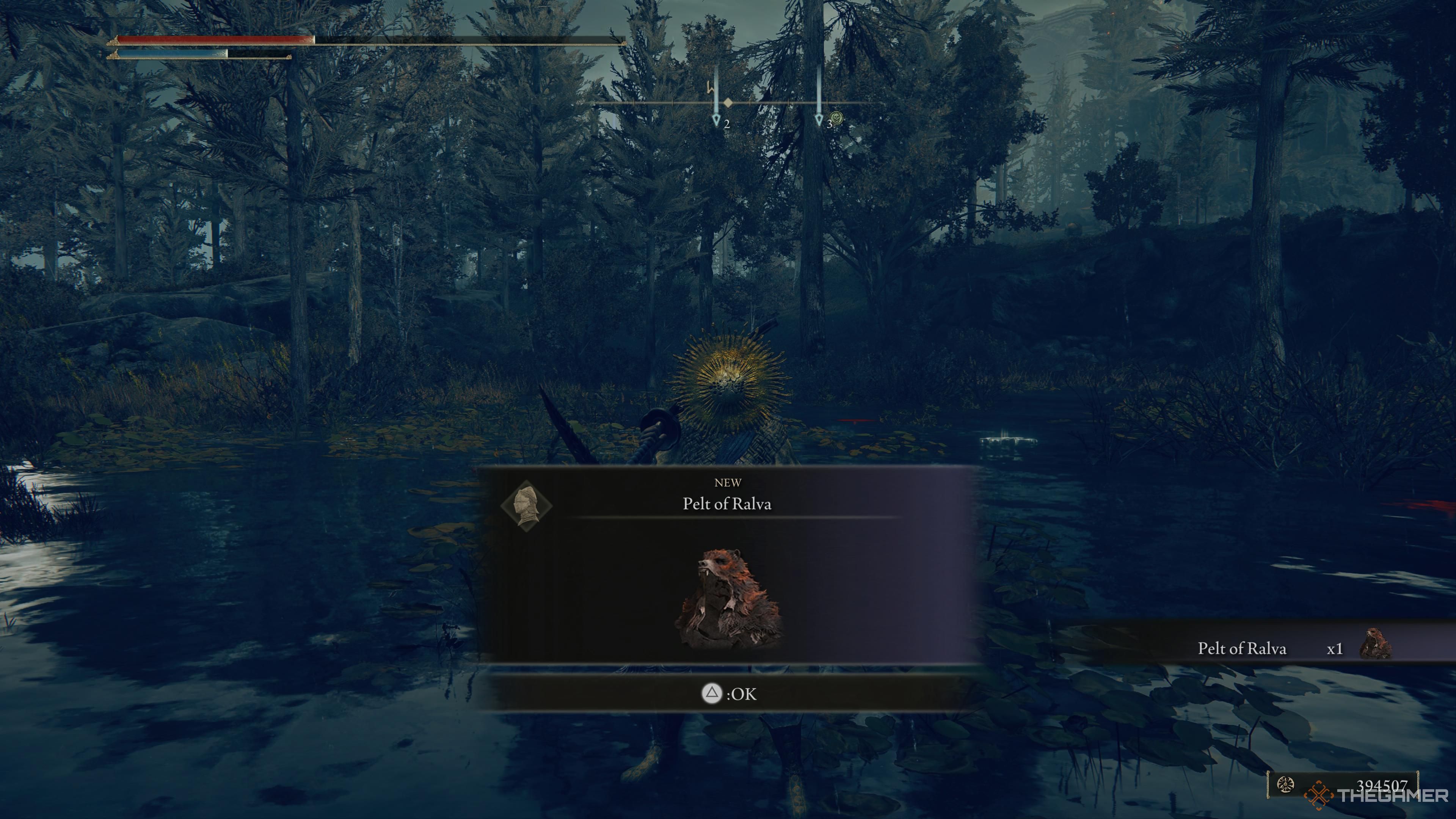 An item pop-up showing the pelt of ralva dropped after defeating Talva the Great Red Bear in Elden Ring: Shadow of the Erdtree.