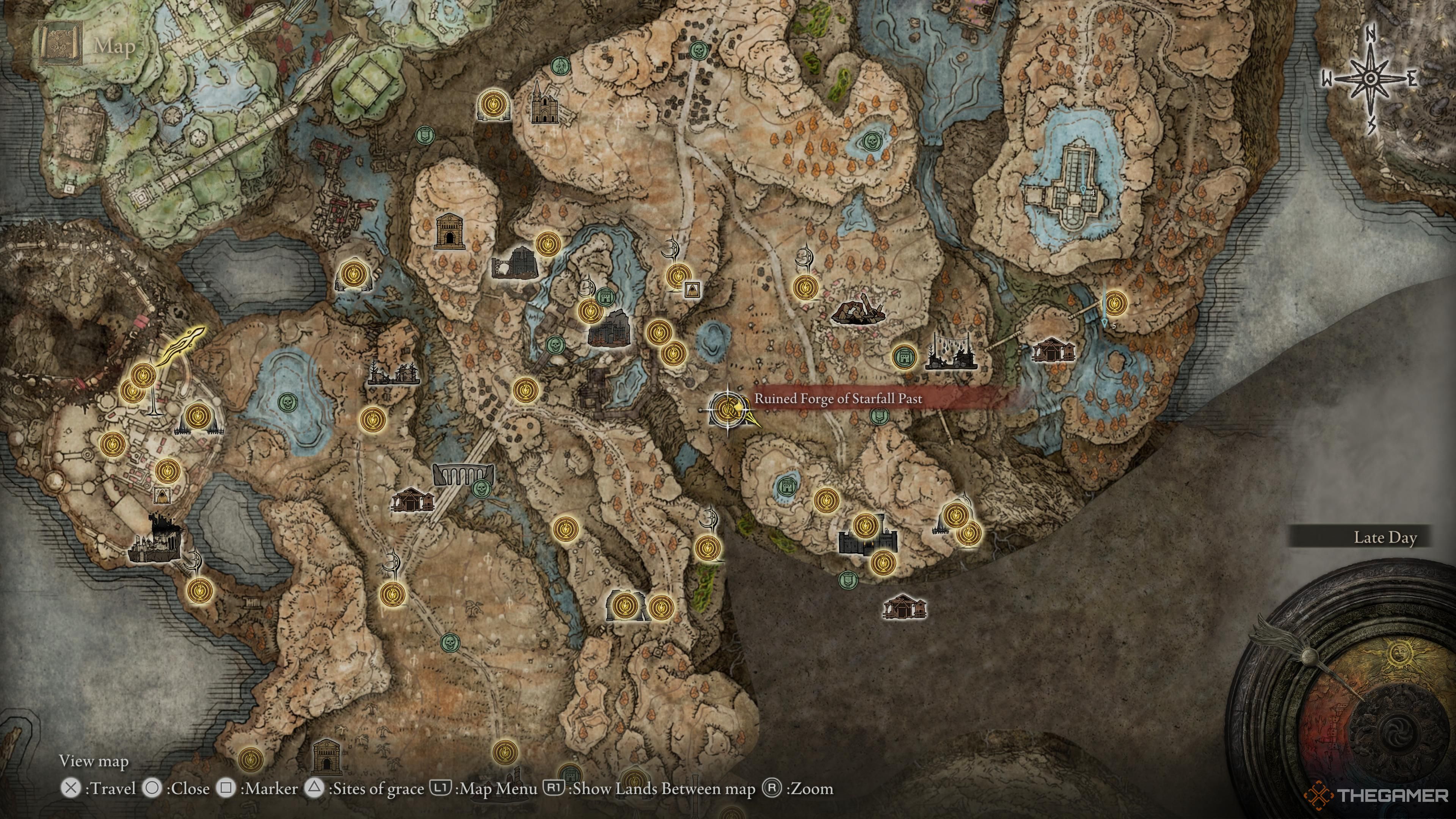 ELDEN RING™ Ruined Forge of Starfall past location show on the Realm of Shadow map