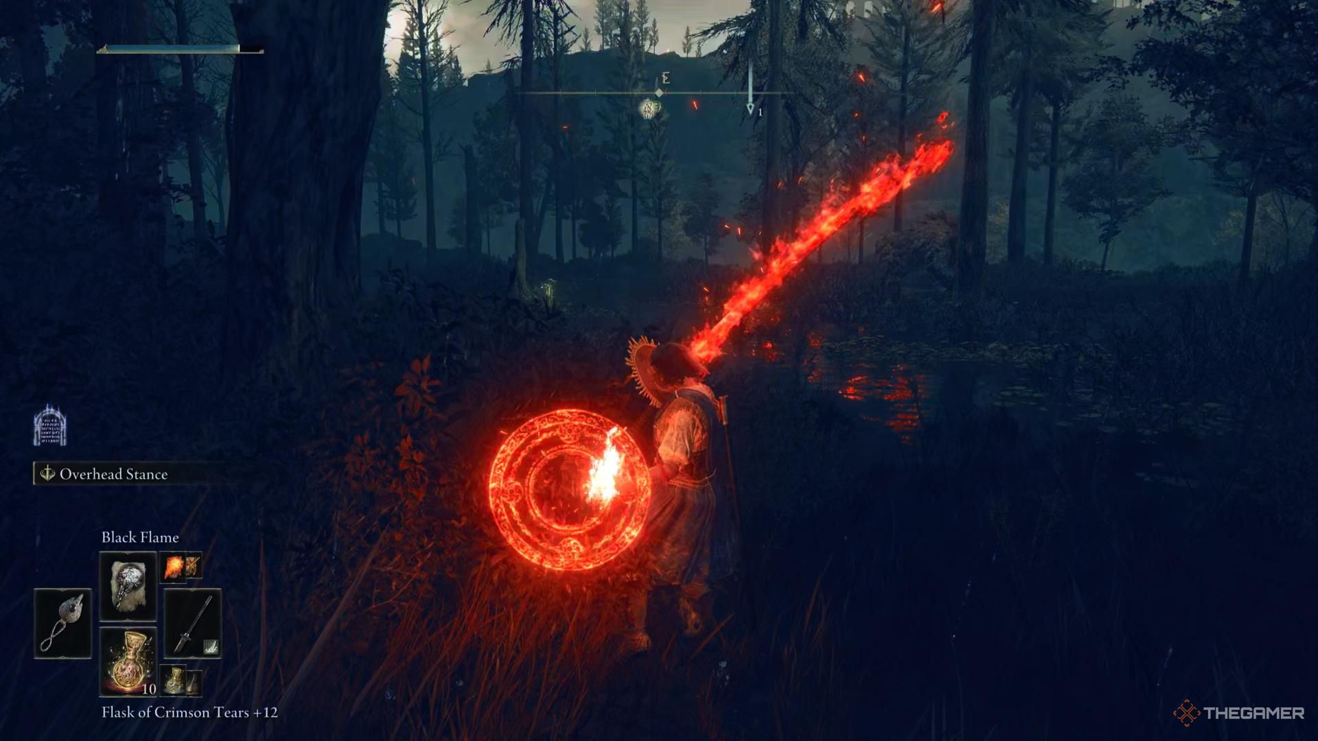 A player with a bloodflame weapon and using a fire protection spell to prepare for Ralva in Elden Ring: Shadow of the Erdtree.