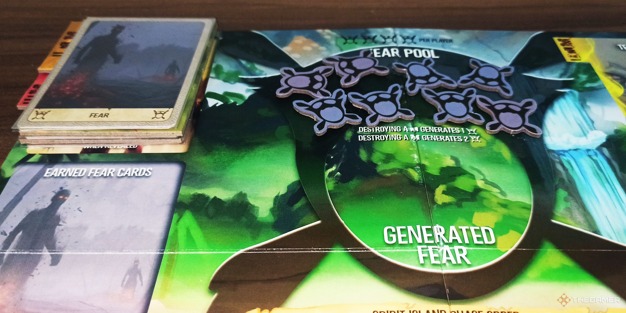 Fear tokens and fear cards are being shown in Spirit Island