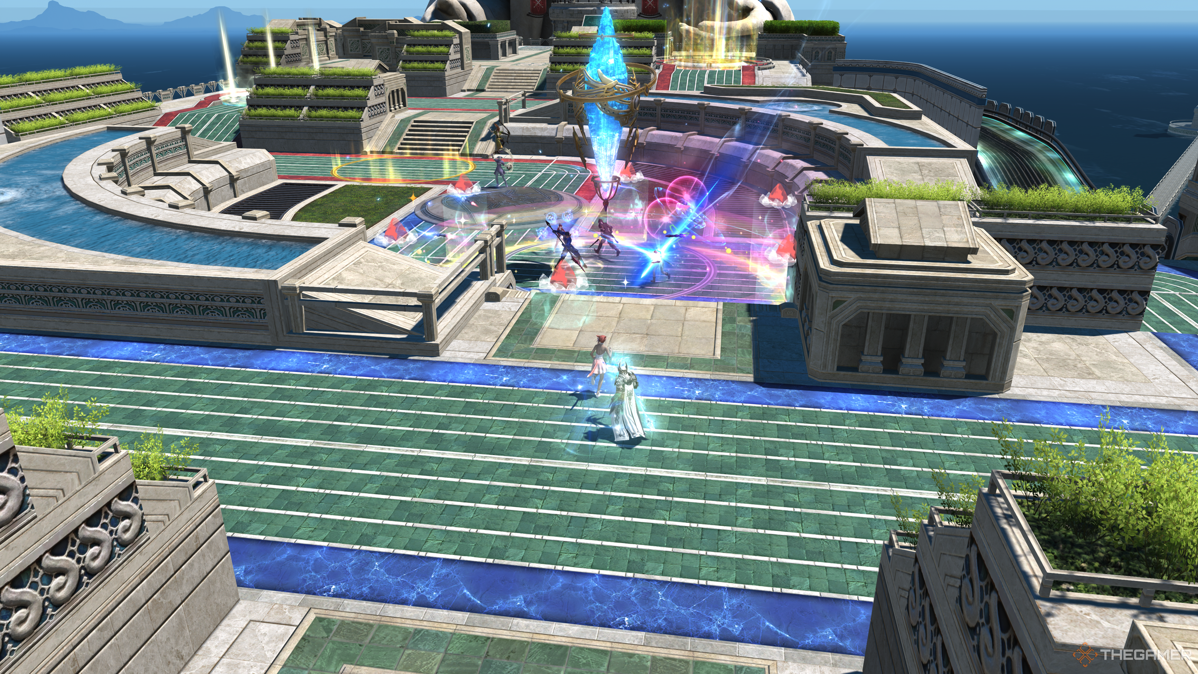 Two Warriors of Light running towards an all-out-brawl on the Crystal in a match of Crystalline Conflict in Final Fantasy 14