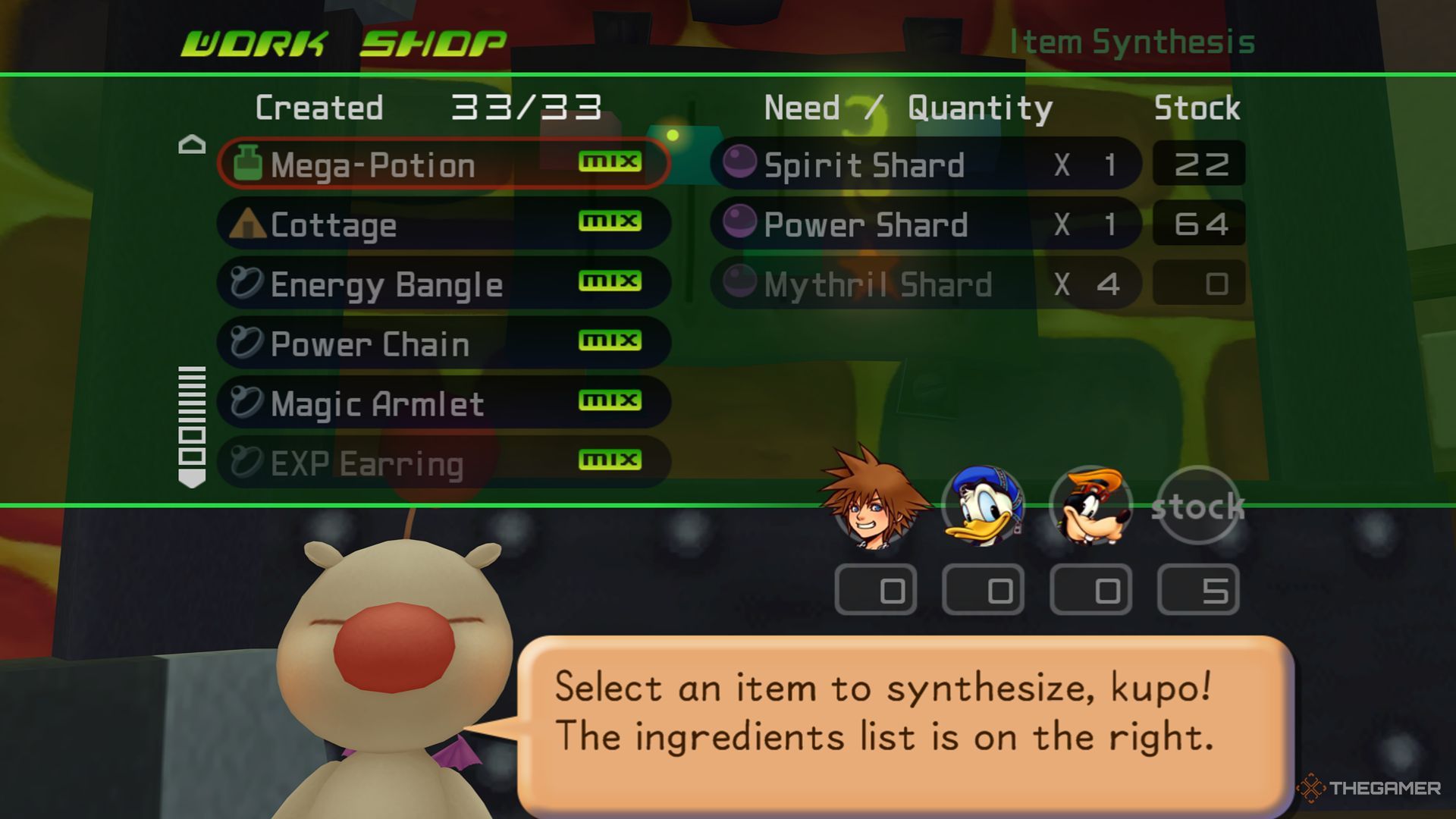 The first wave of items available for synthesis in the Item Work Shop in Kingdom Hearts Final Mix.