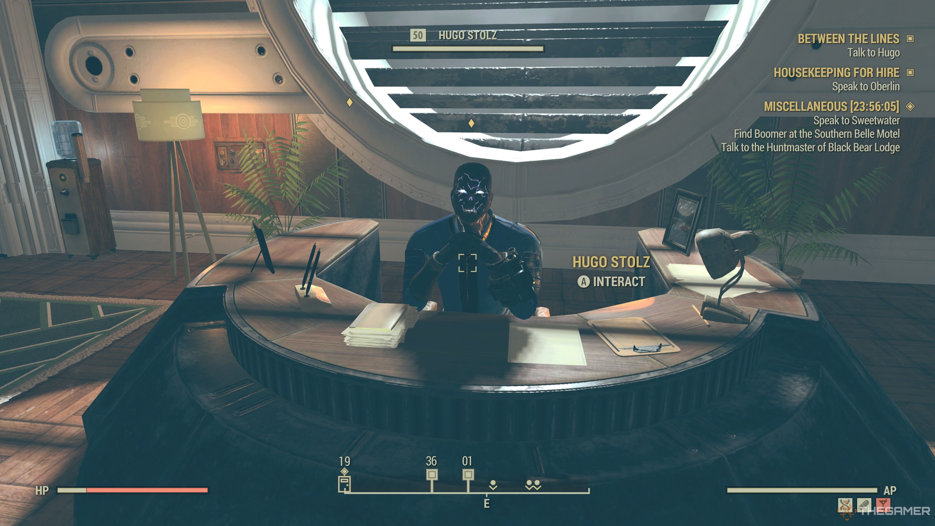 Hugo Stolz sitting behind his desk in Fallout 76.