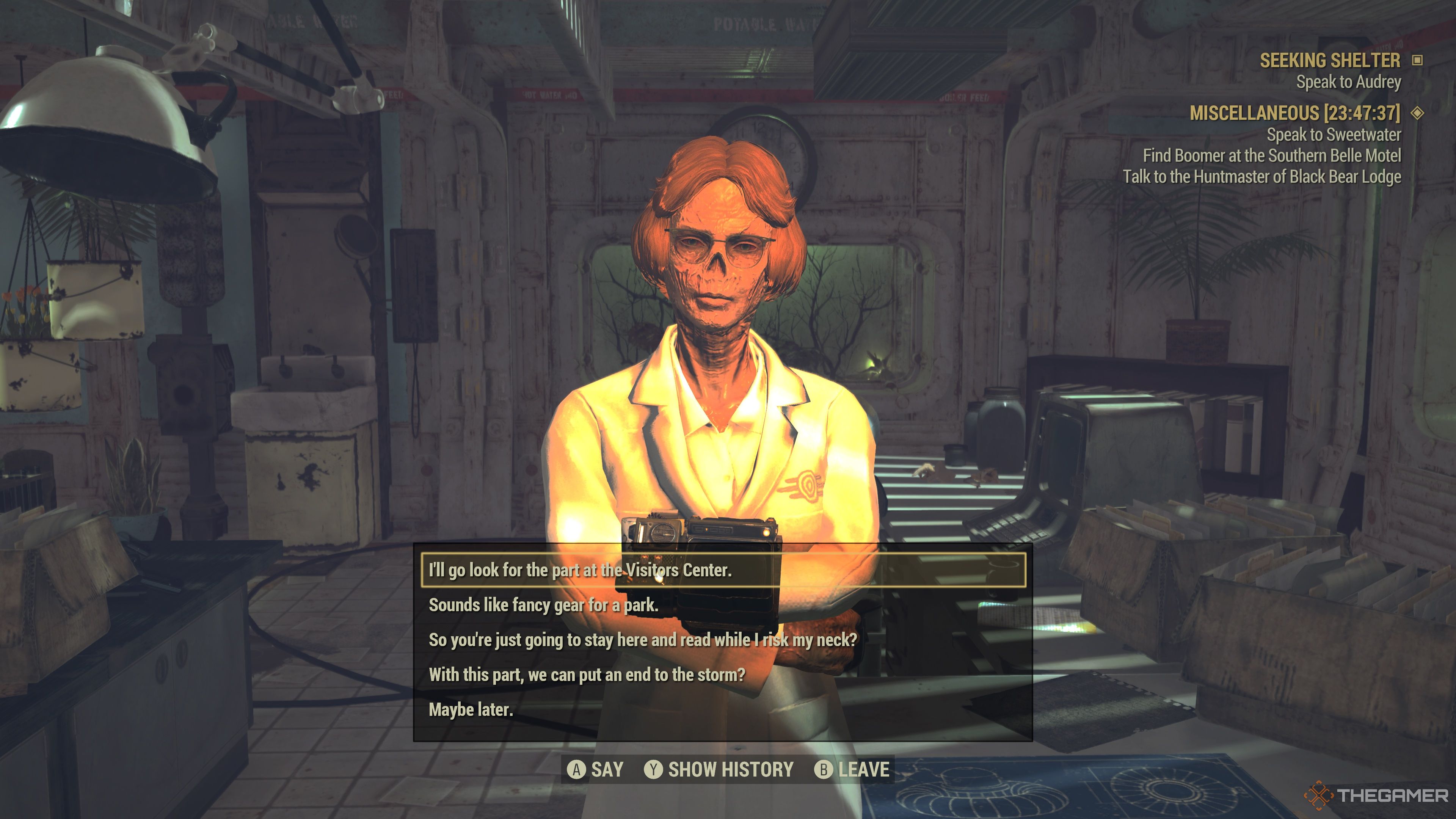 Talking About a Part with Audrey Stolz in Fallout 76.