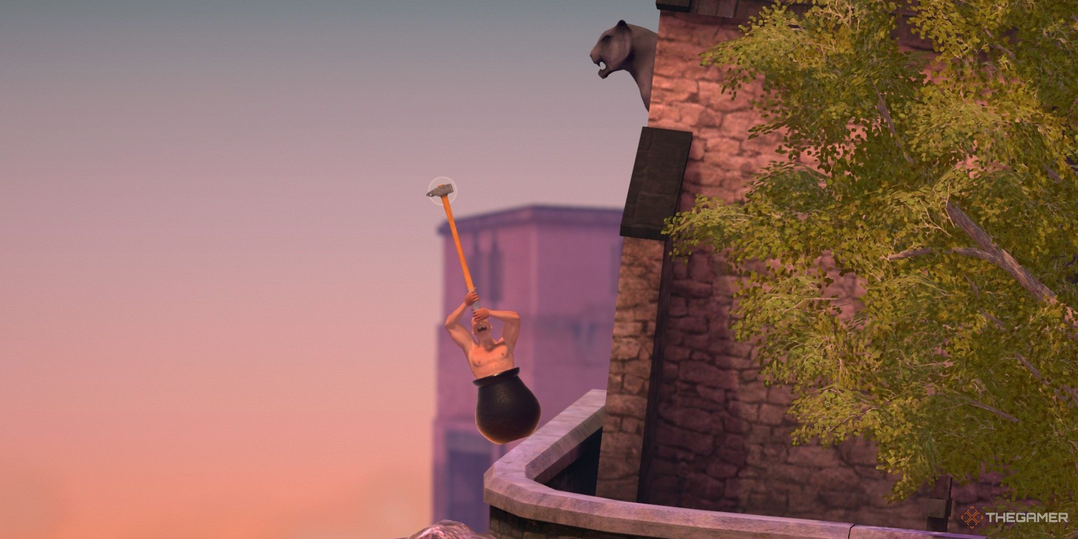 The playable character in Getting Over It; a man holding a sledgehammer stuck inside a black cauldron.