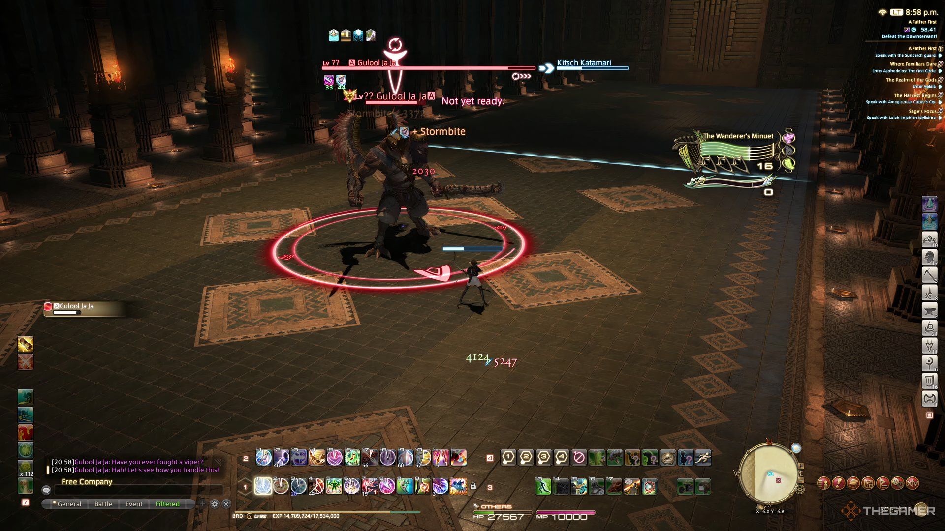 Gulool Ja Ja fightign the Warrior of Light in Final Fantasy 14 Dawntrail.