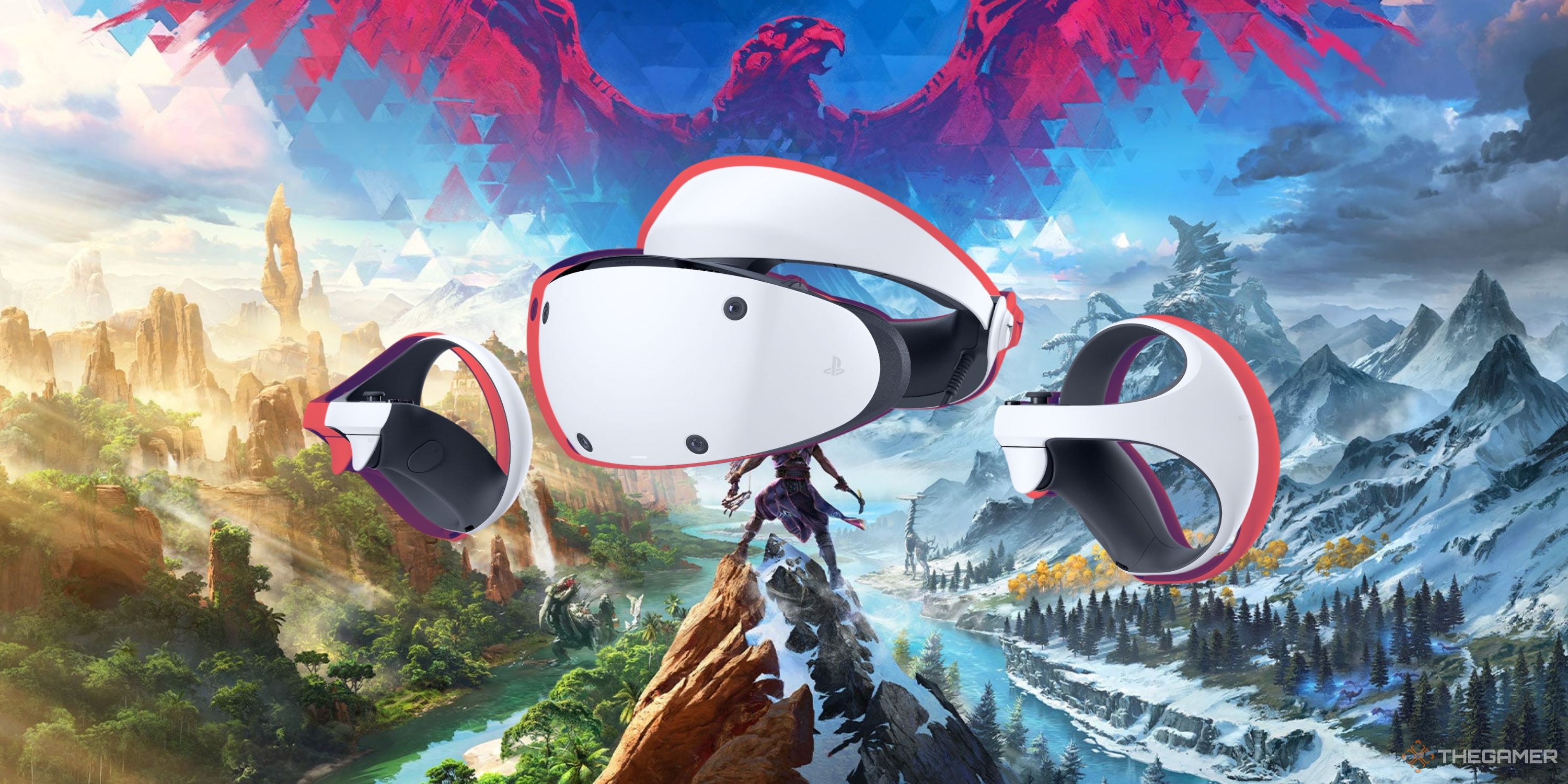 Collage image showing cover art for Horizon Call of the West and PSVR2 headset and controllers