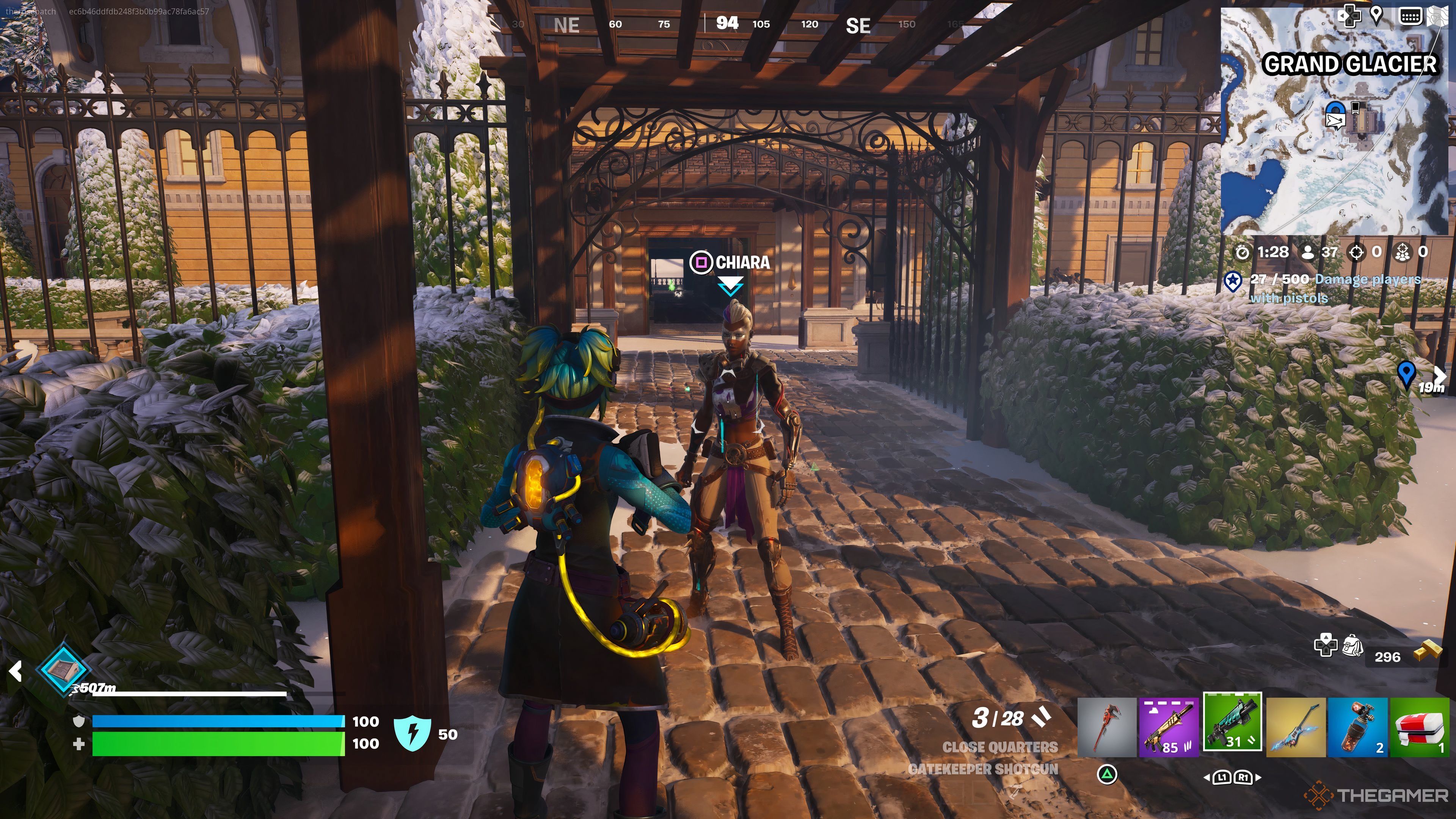 Talking to the Chiara NPC at Grand Glacier in Fortnite Chapter 5 Season 3.