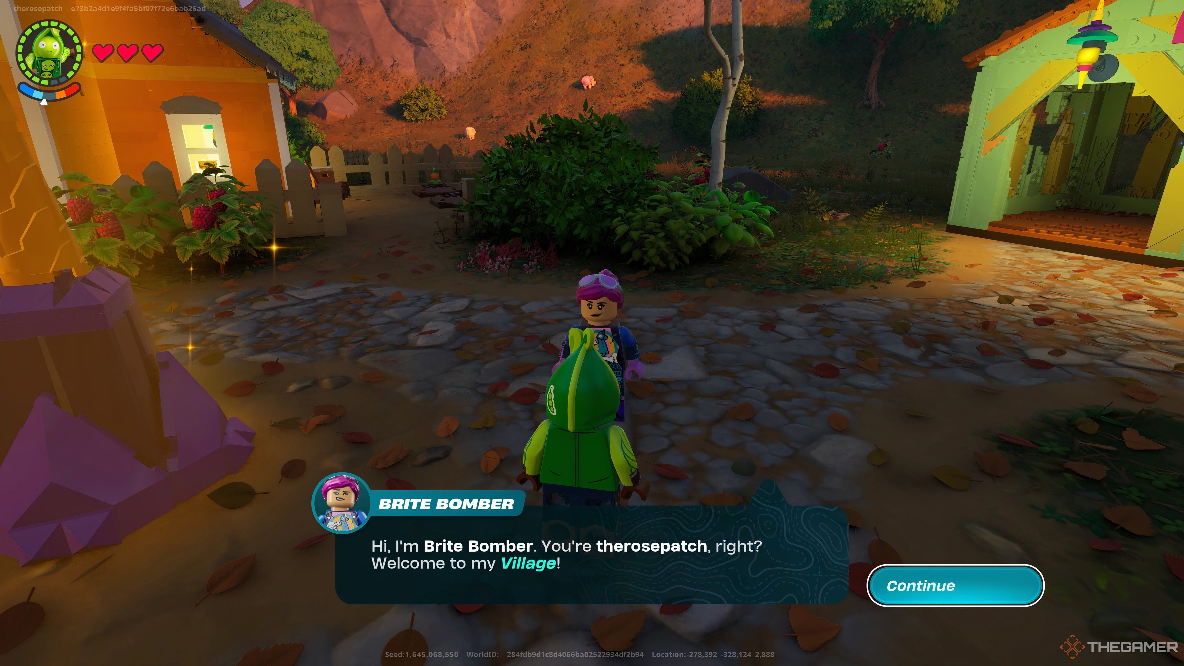Talking to Brite Bomber NPC to start quests in Lego Fortnite.