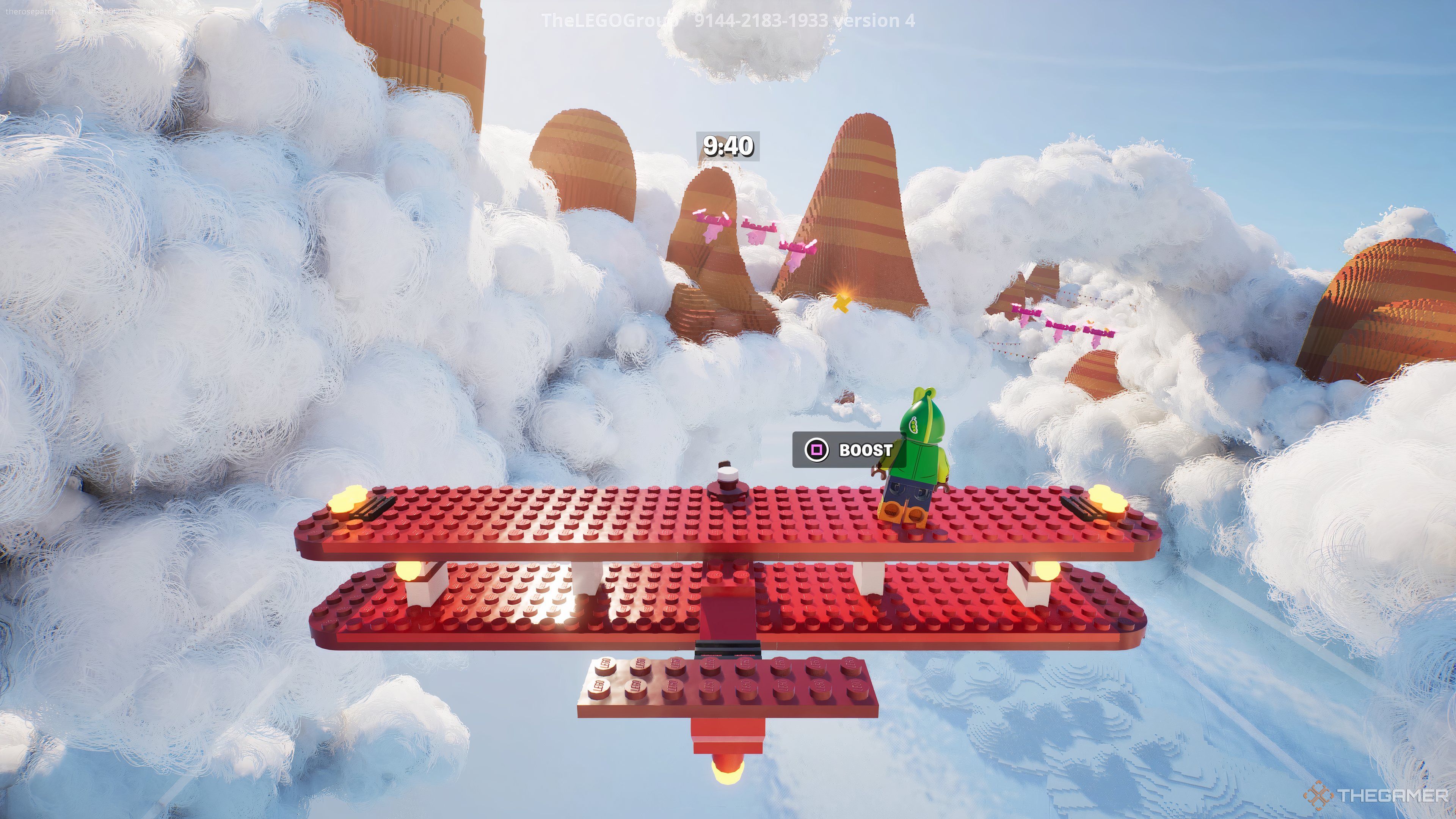 Walking on plane and watching out for flying pigs in Fortnite Lego Wing Walkers.