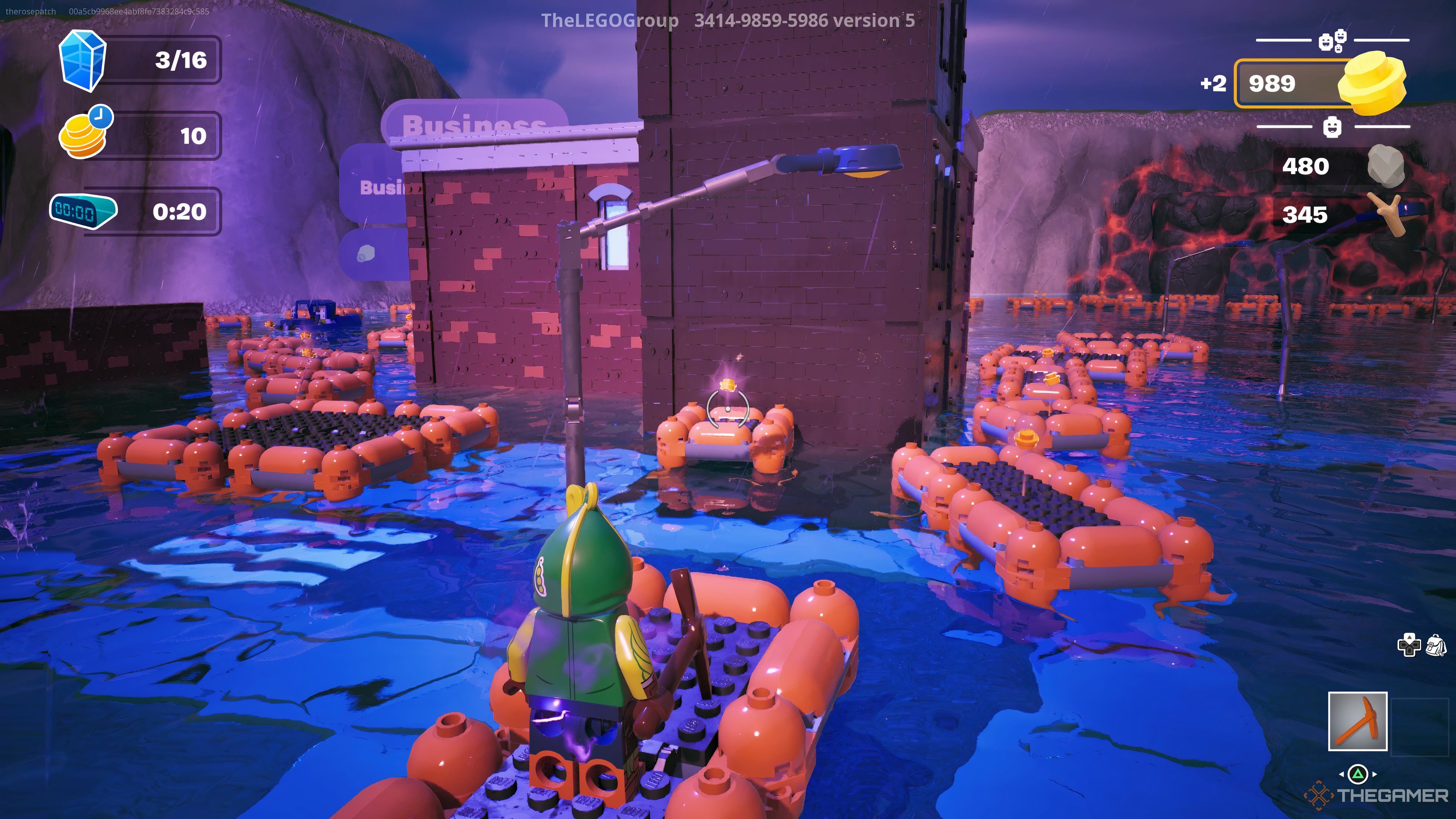 Standing on a raft during a flood in Lego Fortnite Tilted Towers.