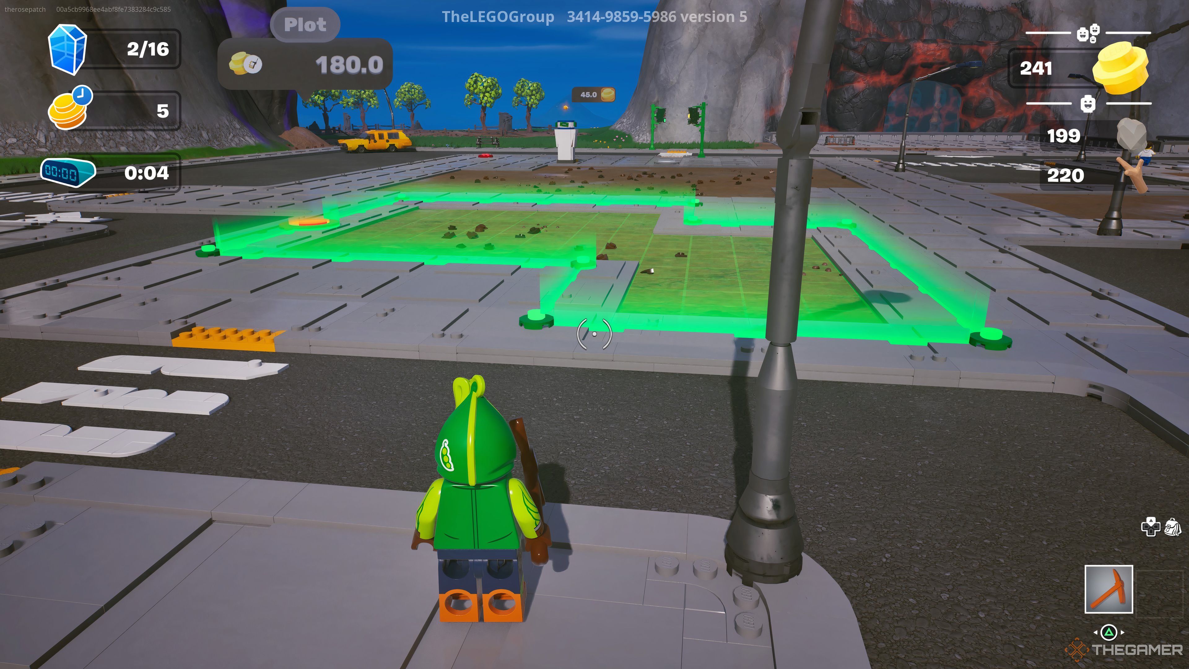 Standing in front of an empty green plot in Lego Fortnite Tilted Towers.