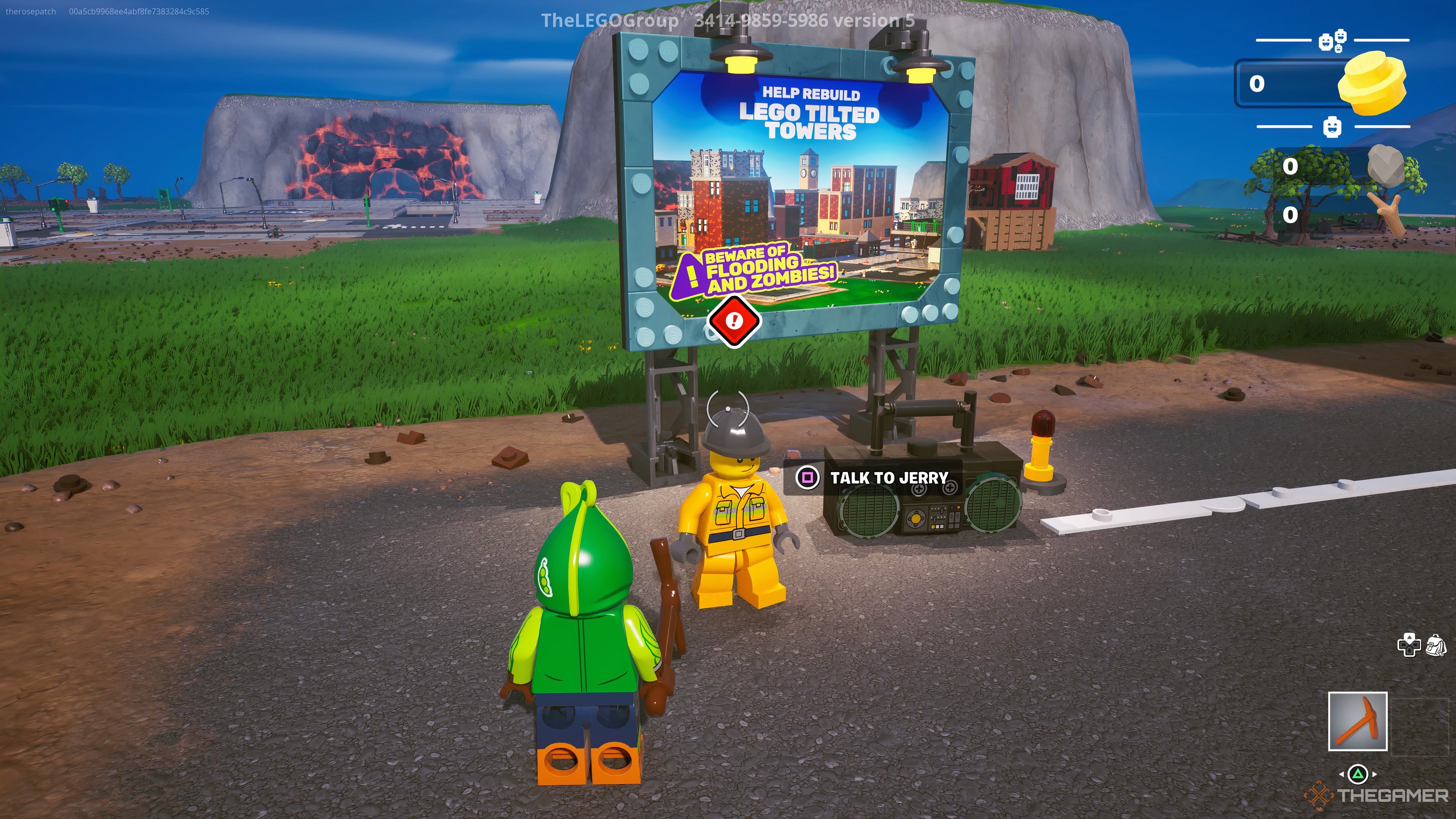 Talking to Jerry at the Titled Towers sign in Fortnite