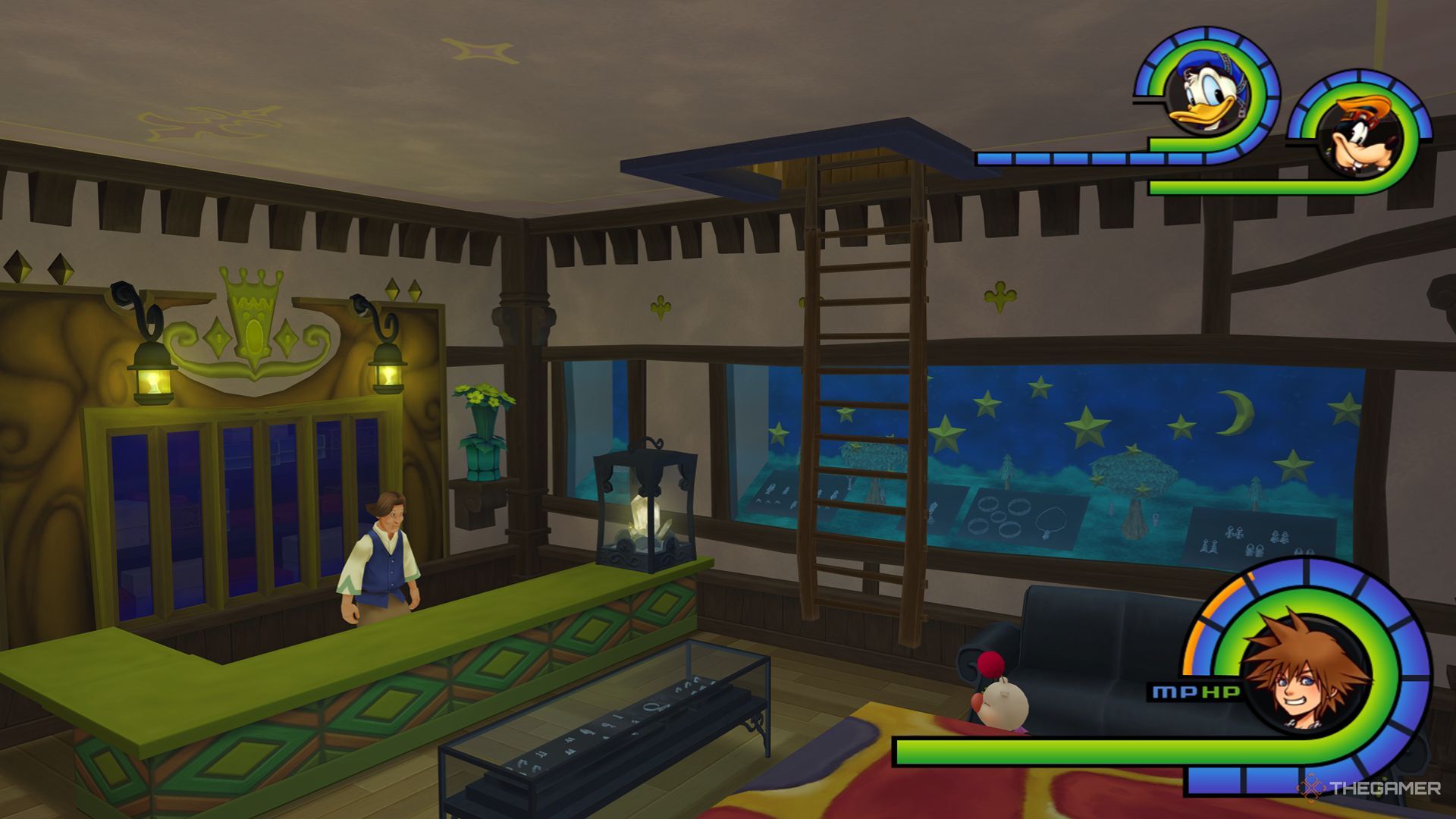 The ladder to the Item Work Shop lowered into the Accessory Shop in Kingdom Hearts Final Mix.