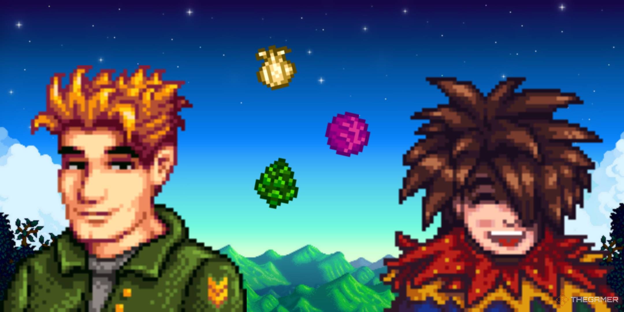 kent and leo on a stardew valley background with year two crops garlic red cabbage and artichoke y2 sdv