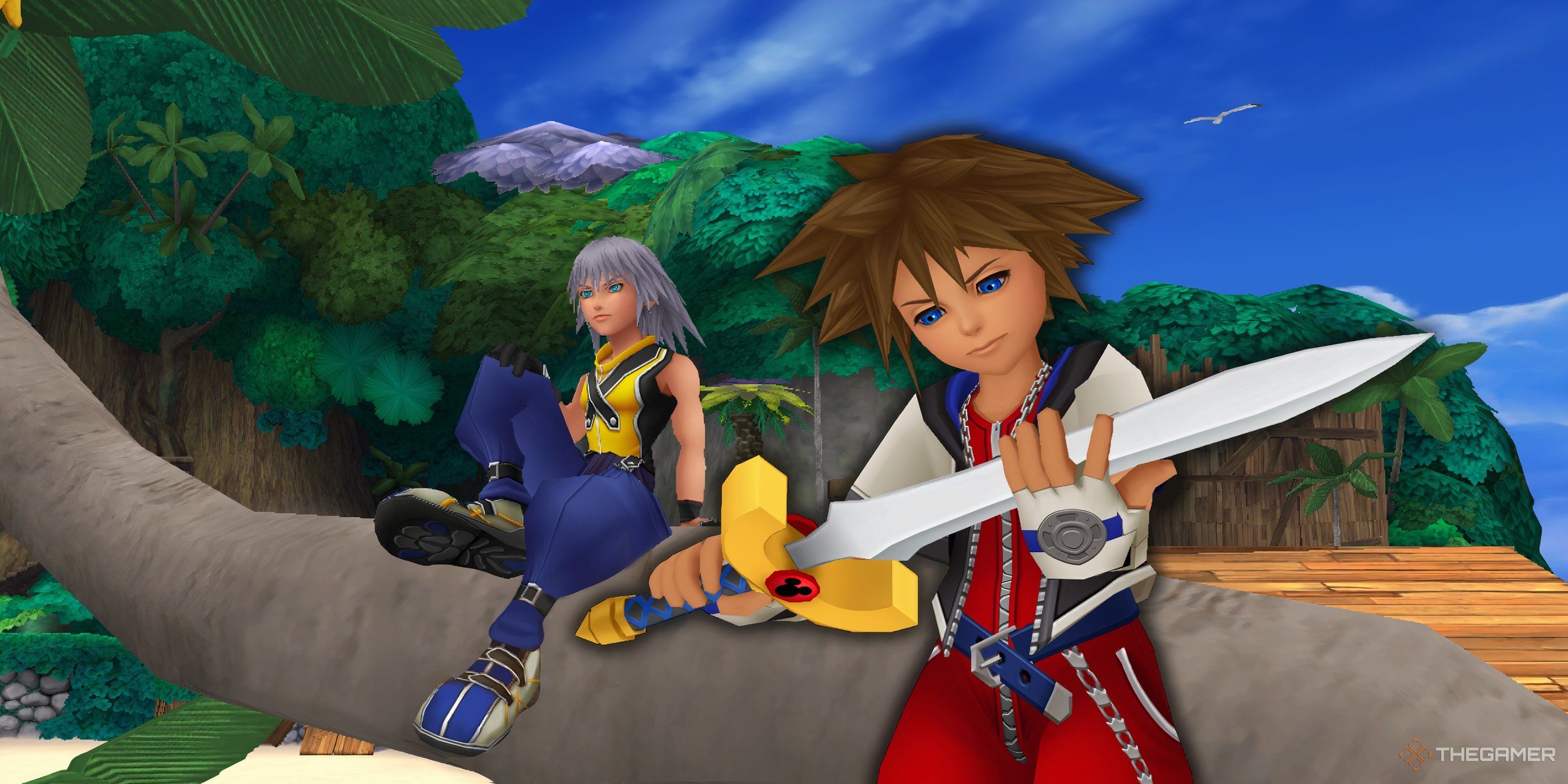 Kingdom Hearts Sora examining a sword with Riku in the background