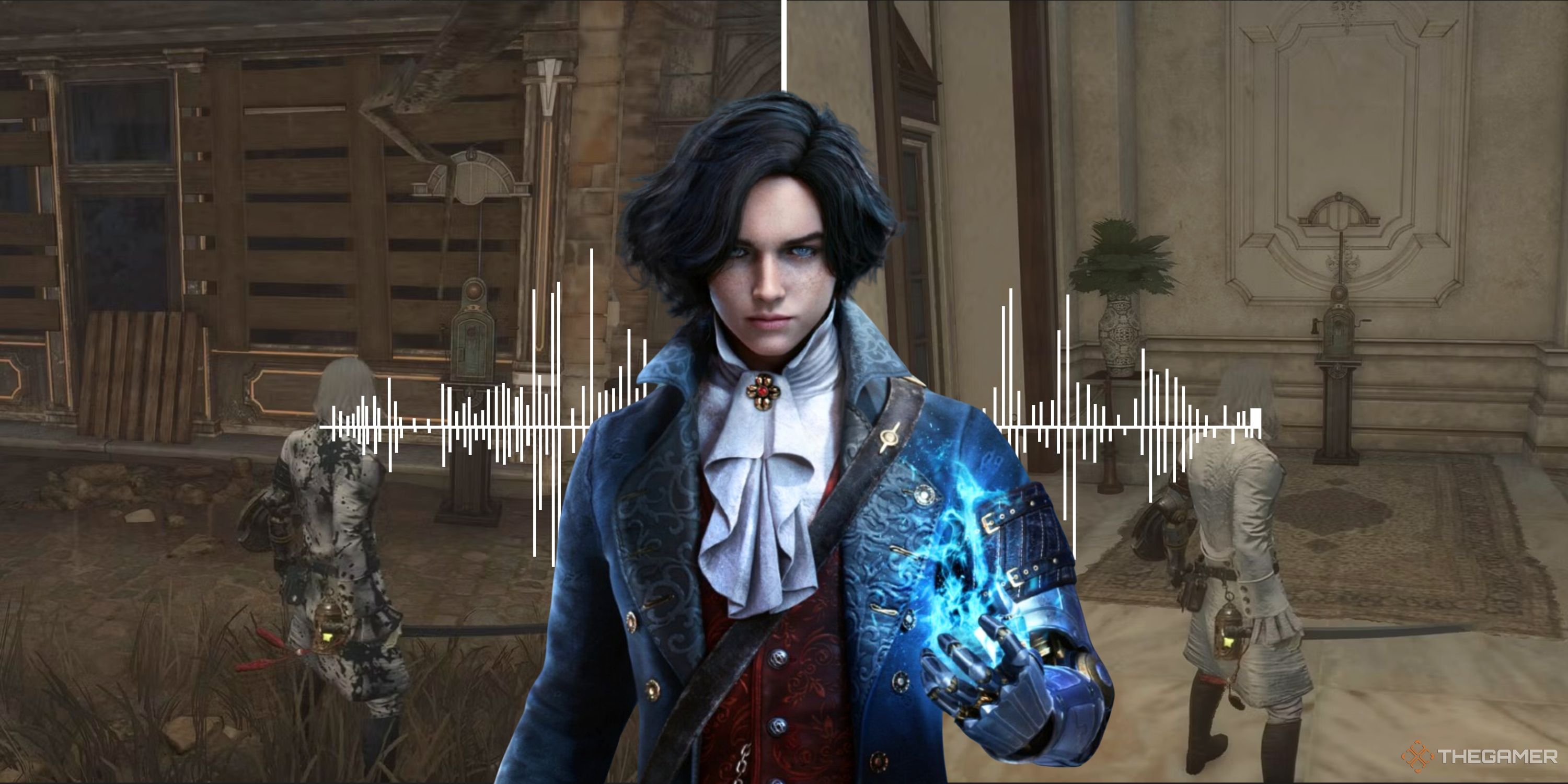 Collage image featuring two in-game screenshots of main character near a phone and a close up of Carlo's puppet from Lies of P in front of an audio wave