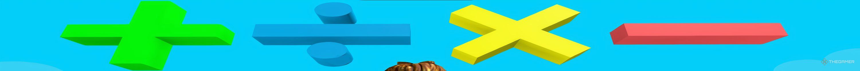 A plus, divide, multiply, and subtract sign float in the sky in the Roblox game UGC Math Race.