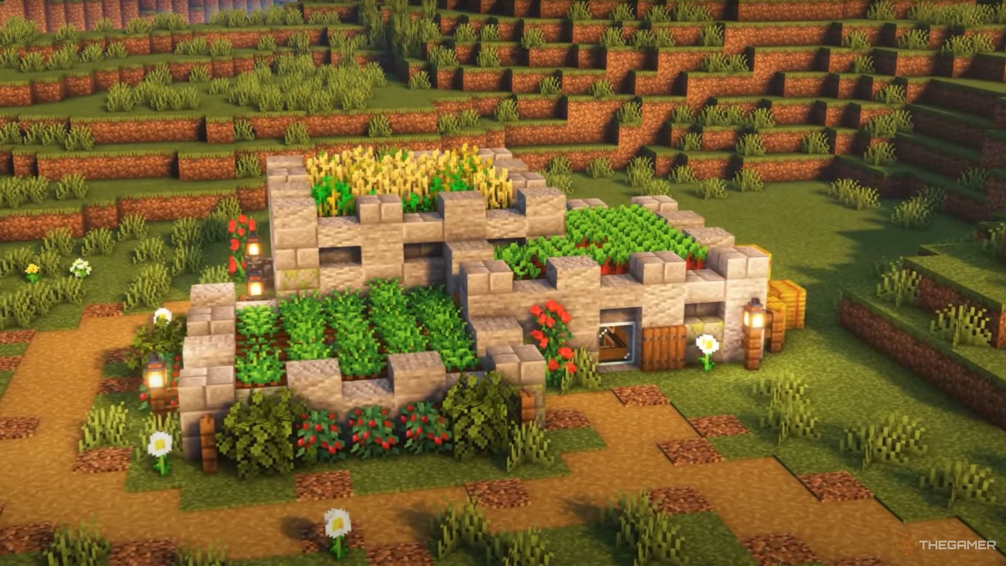 An image from Minecraft of a Tiered Farm that has an underground living area.