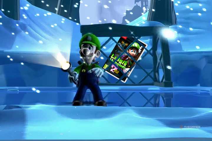 luigi in the snow with a caged copy of luigi's mansion 2 hd behind him