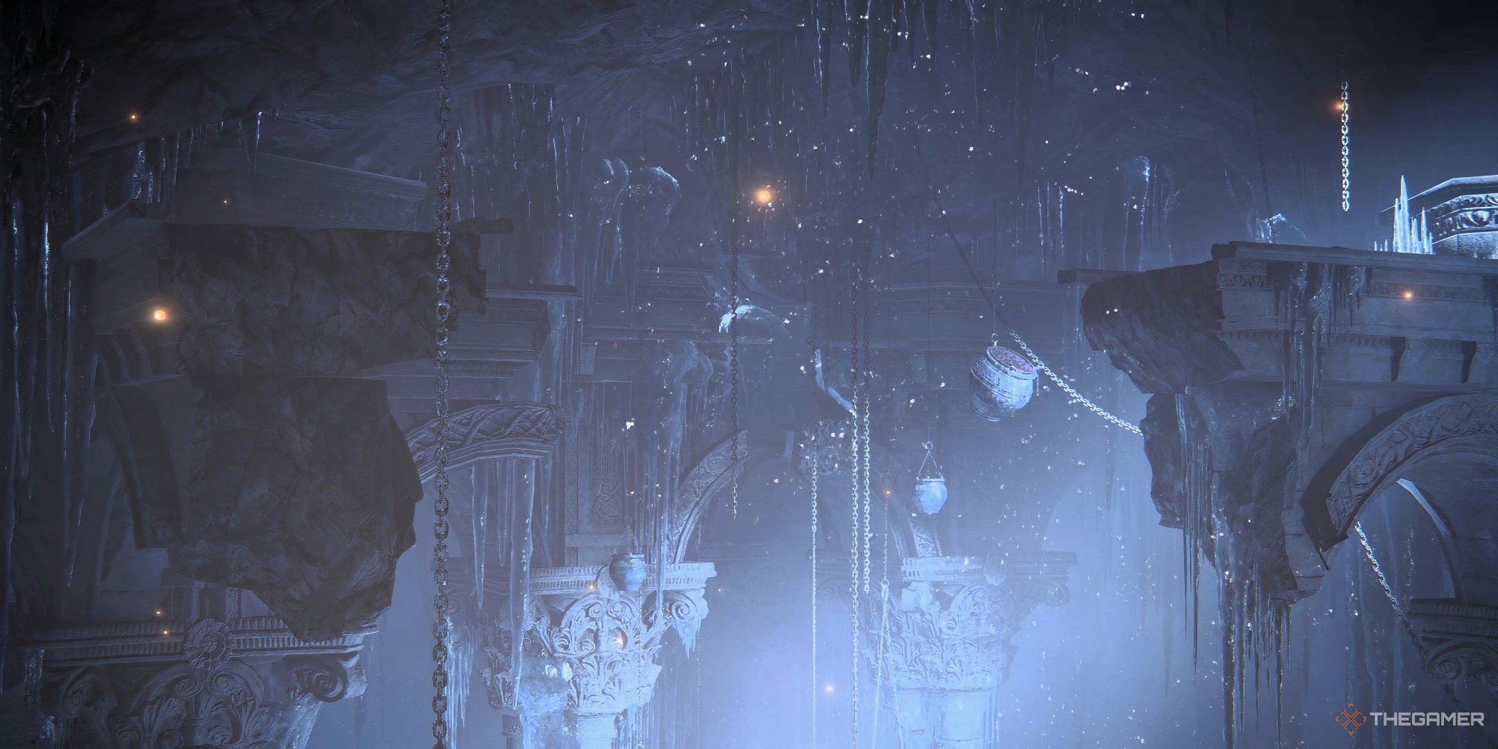 Player looks upon the Belurat Gaol where several pots hang in the gap of a broken bridge in Elden Ring: Shadow Of The Erdtree.