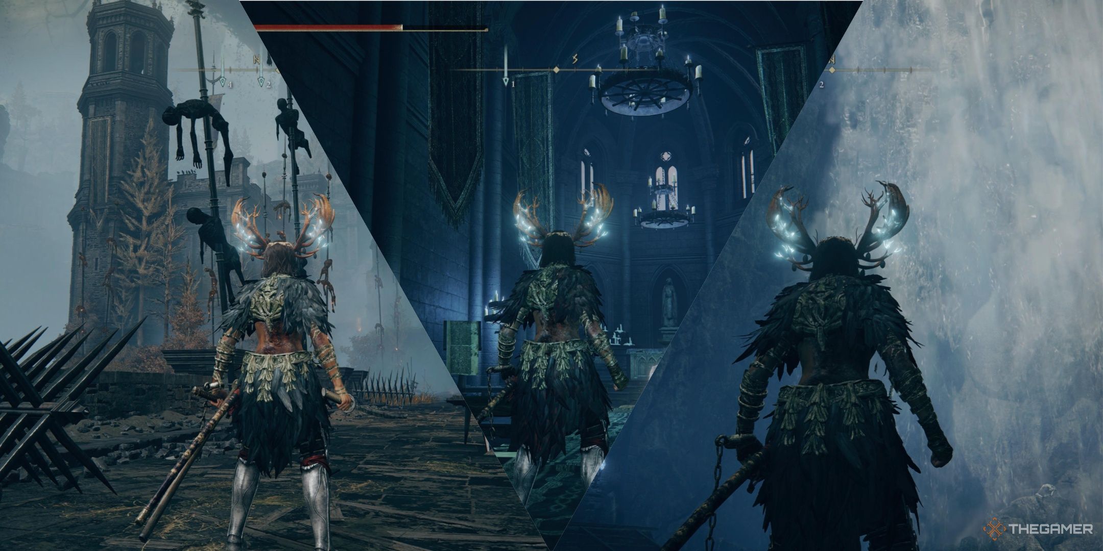 Elden Ring Shadow of the erdtree player character in various locations in Castle Ensis