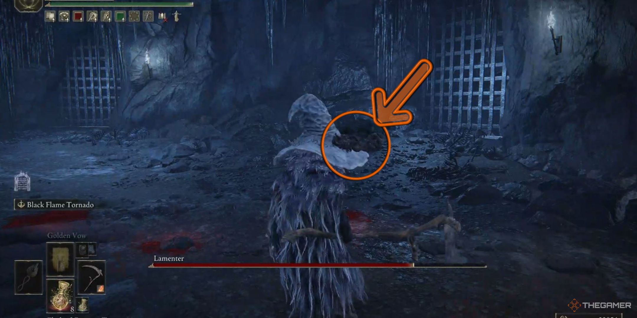 Image highlights two floating stacks of Laments around the player's head during the Lamenter fight in Elden Ring: Shadow of the Erdtree.