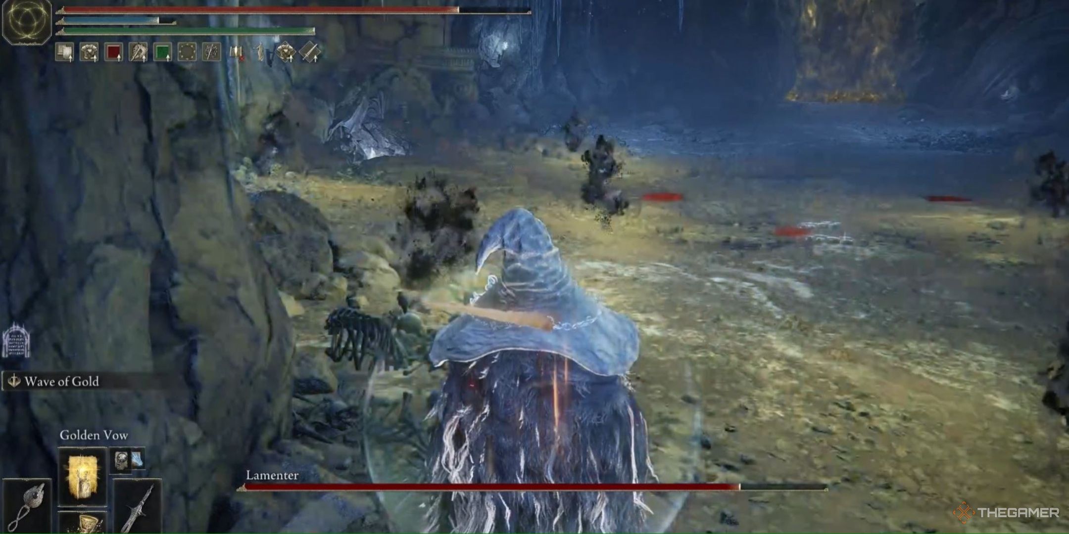 Player waits with the Sacred Relic Sword as Lamenter's Clones spawn in Elden Ring: Shadow of the Erdtree.
