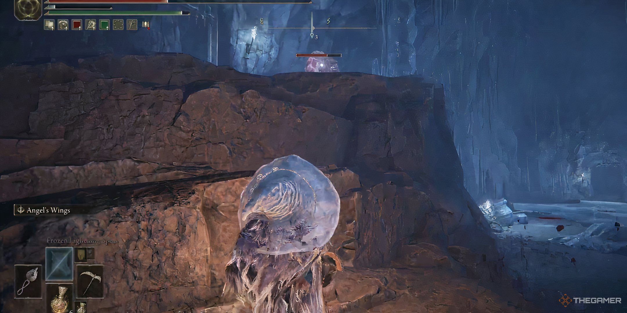Player drinks a flask on the stairs of the Ice Room in Lamenter's Gaol as a Jar Innard throws flesh in Elden Ring: Shadow of the Erdtree.