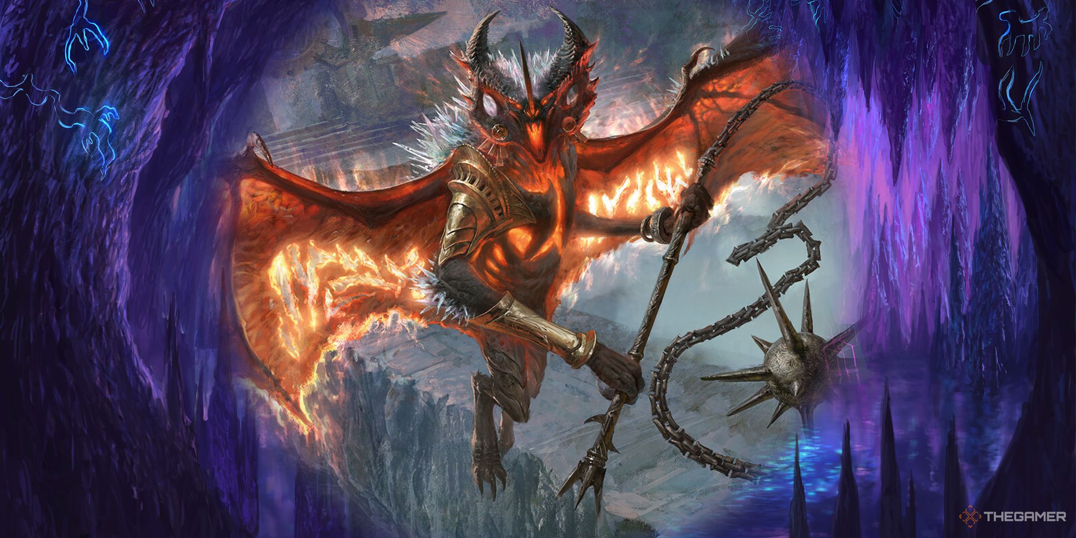 A bat demon in front of a purple cave