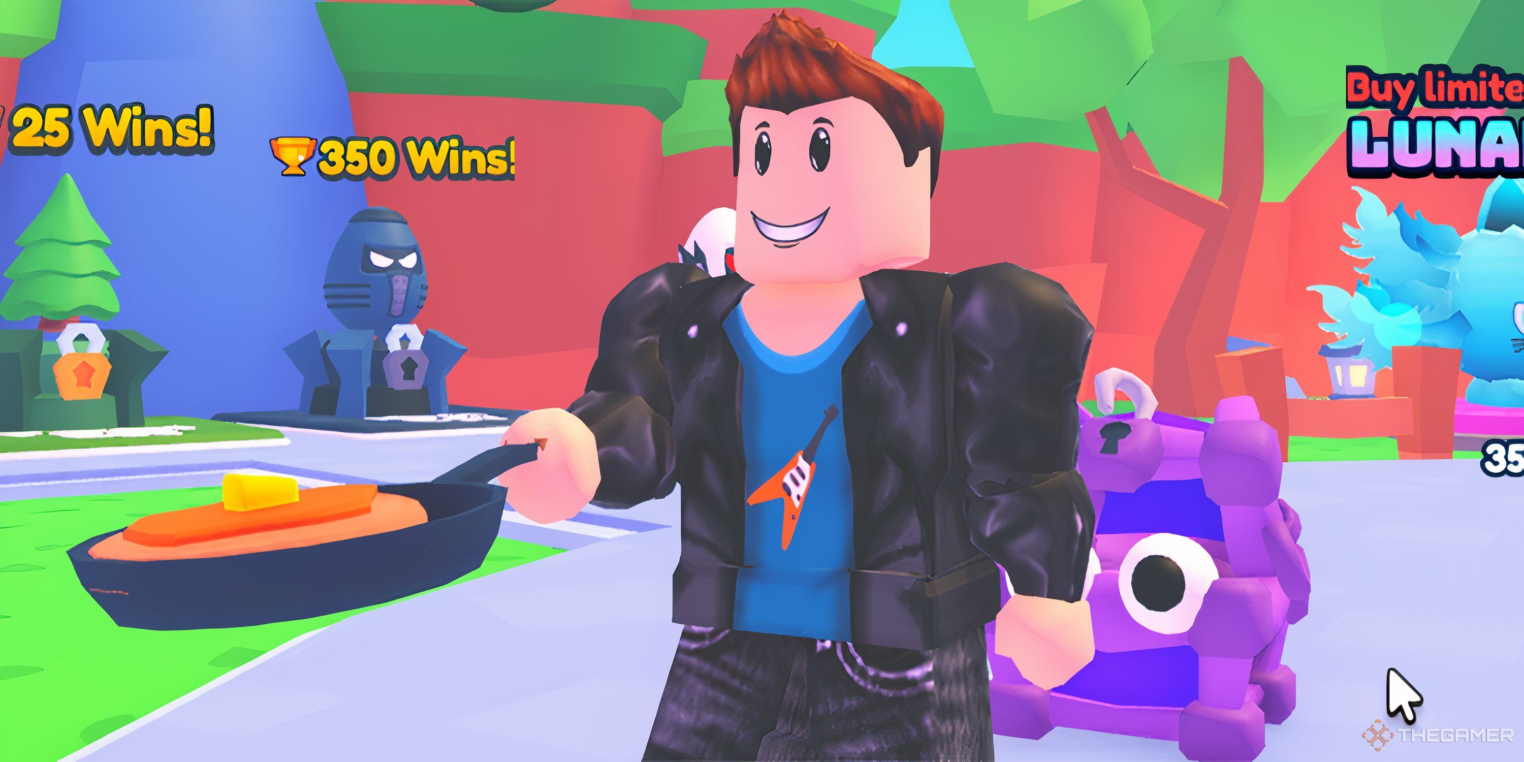 A Roblox character wields a frying pan with a pancake inside in the Roblox game Pancake Battles.
