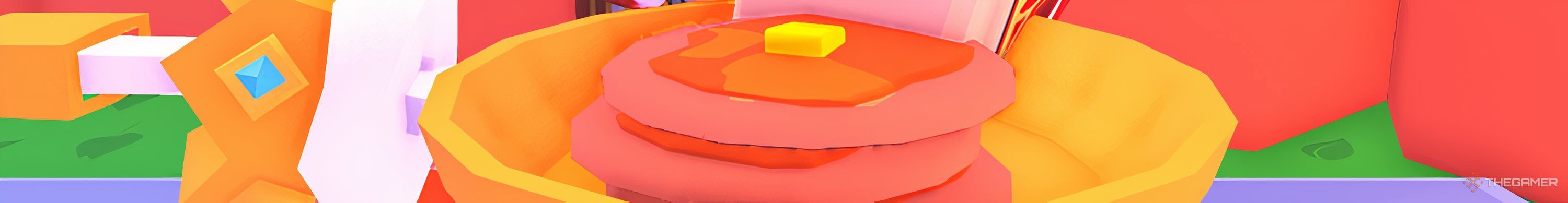 A stack of pancakes slathered in butter and syrup from the Roblox game Pancake Battles.