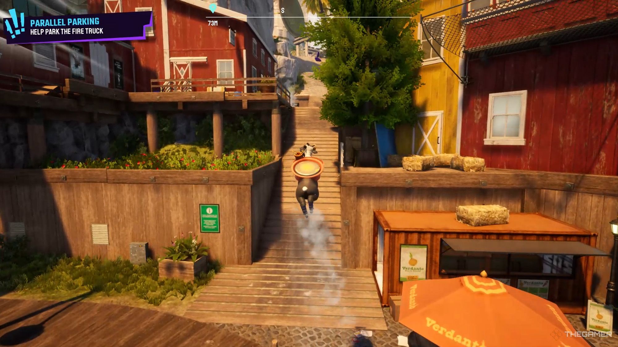 Pilgor is jumping when he reaches a set of wooden stairs in Goat Simulator 3 Multiverse of Nonsense